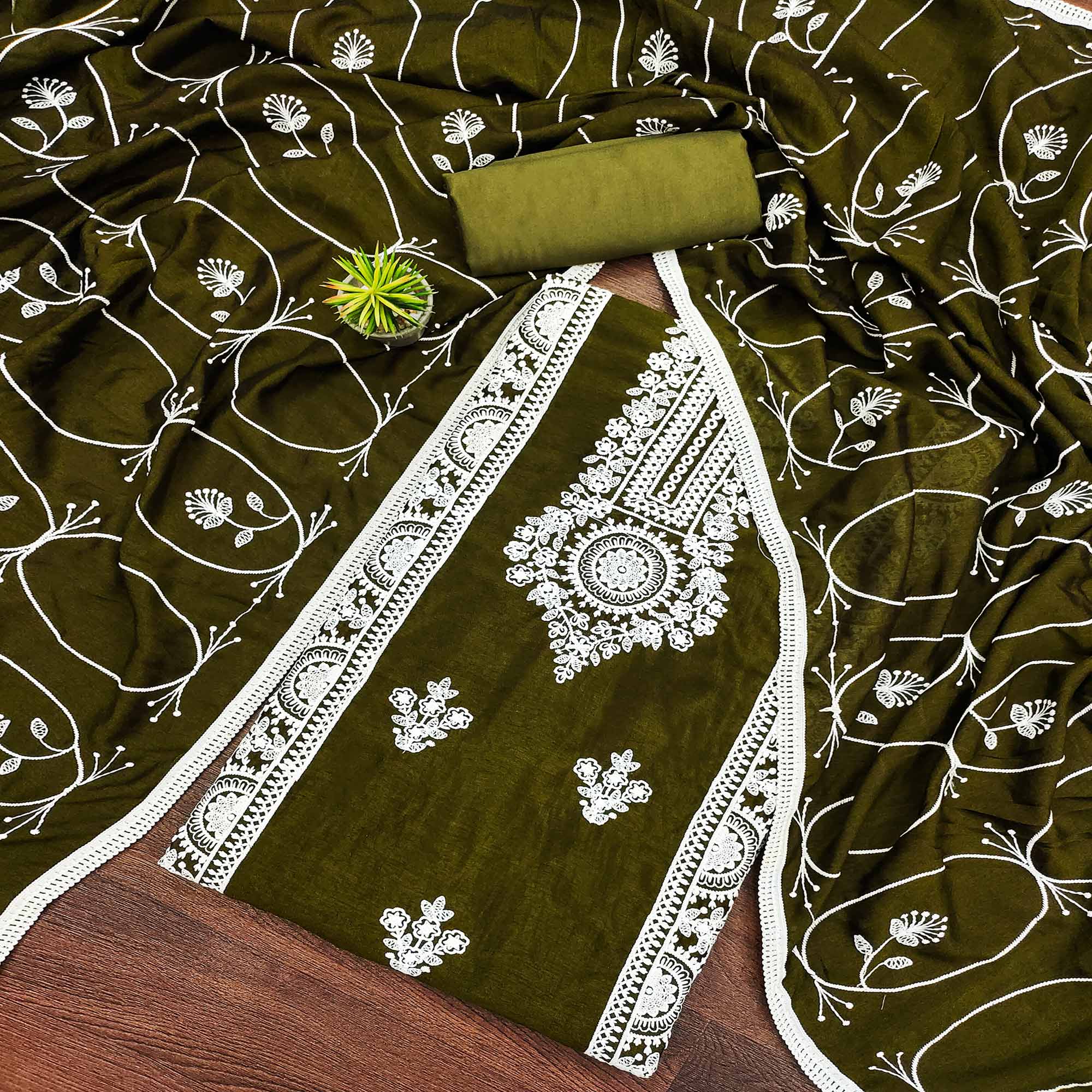 Mehendi Green Floral Embroidered Vichitra Silk Dress Material