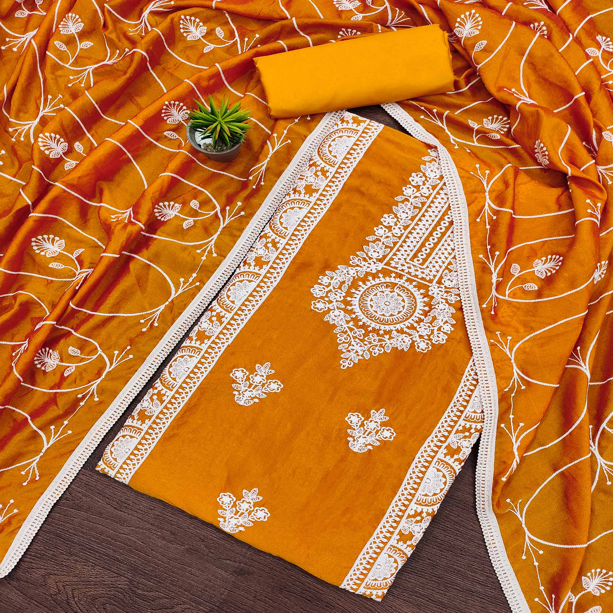 Mustard Floral Embroidered Vichitra Silk Dress Material