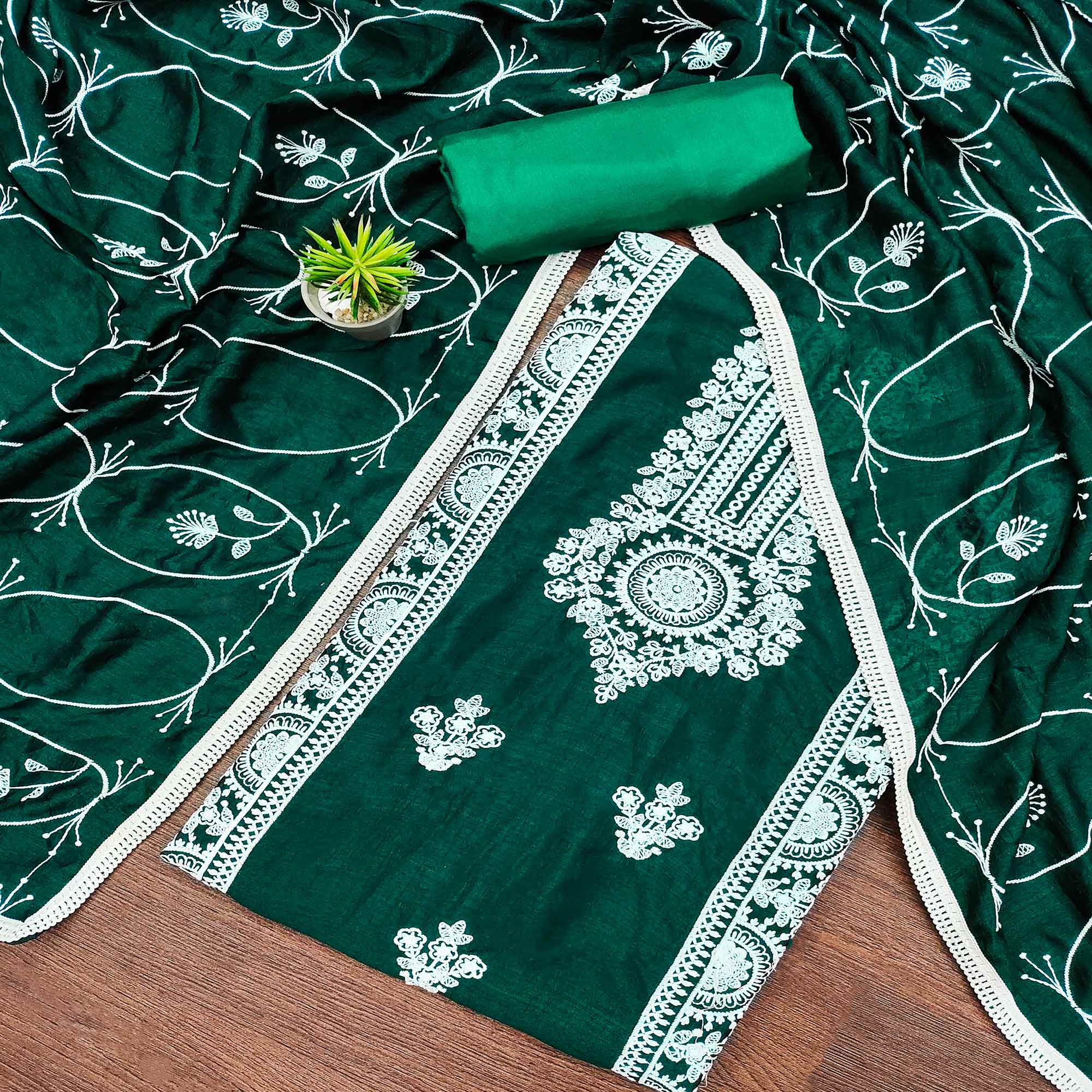 Rama Green Floral Embroidered Vichitra Silk Dress Material