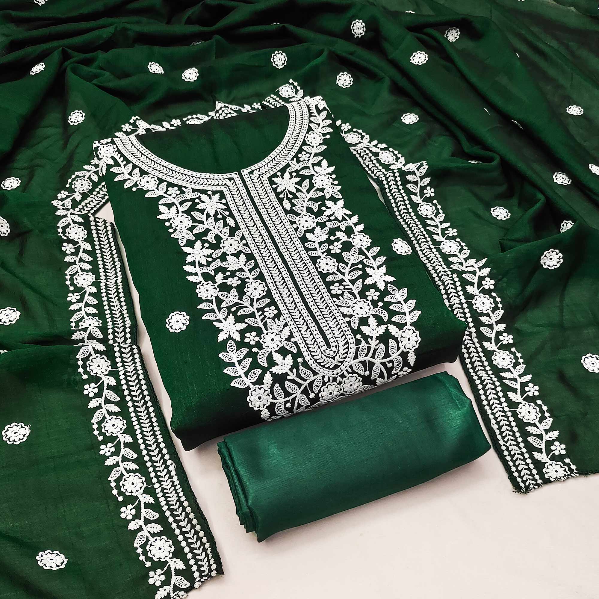 Green Floral Embroidered Vichitra Silk Dress Material