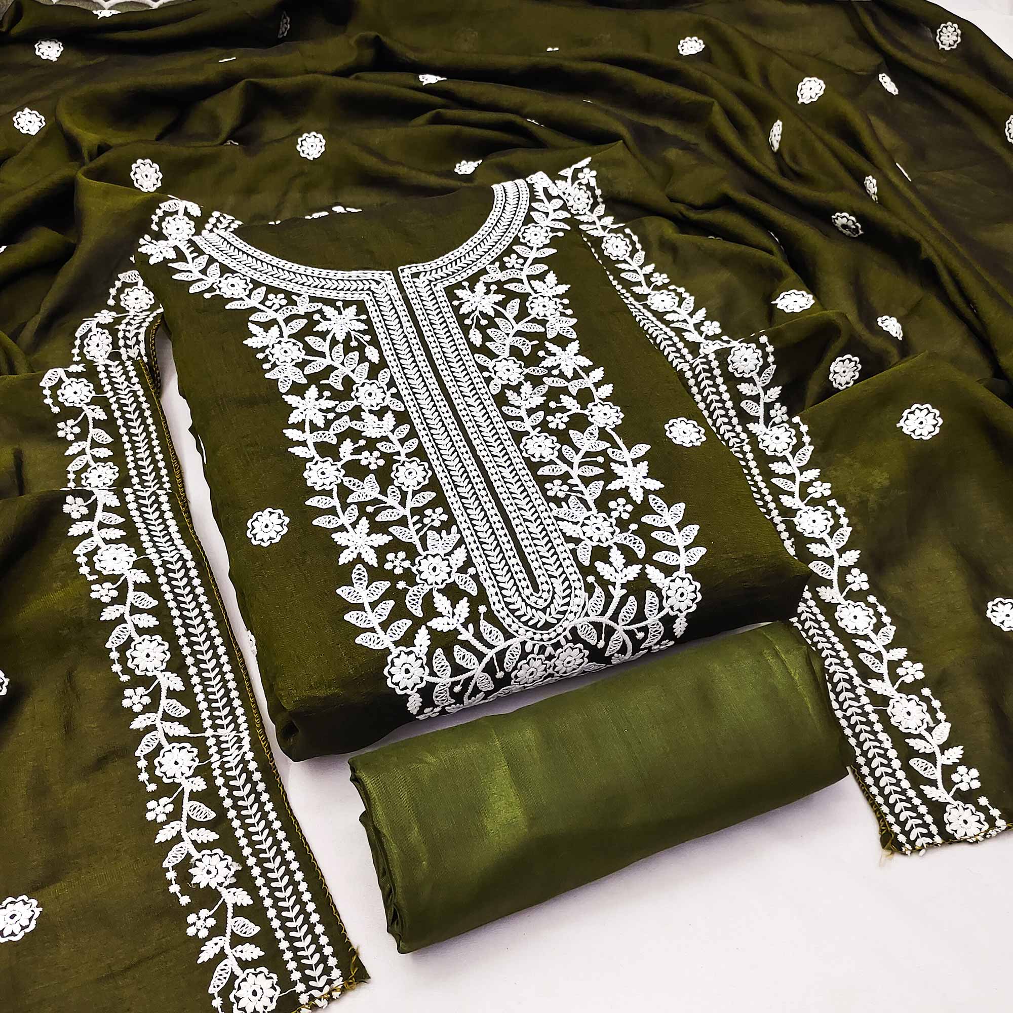 Mehendi Green Floral Embroidered Vichitra Silk Dress Material