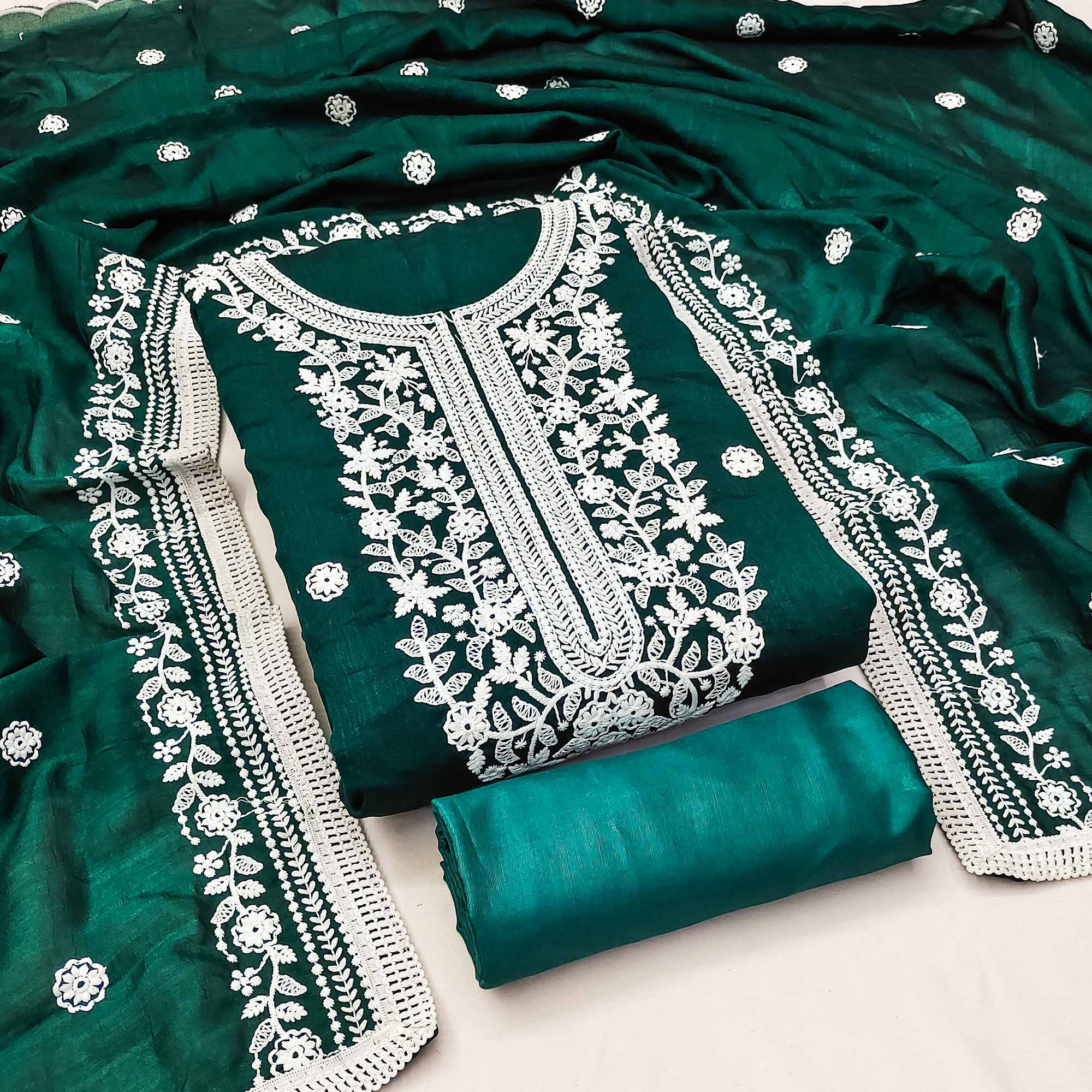 Rama Green Floral Embroidered Vichitra Silk Dress Material