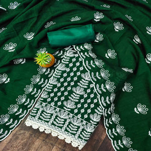Green Floral Embroidered Vichitra Silk Dress Material
