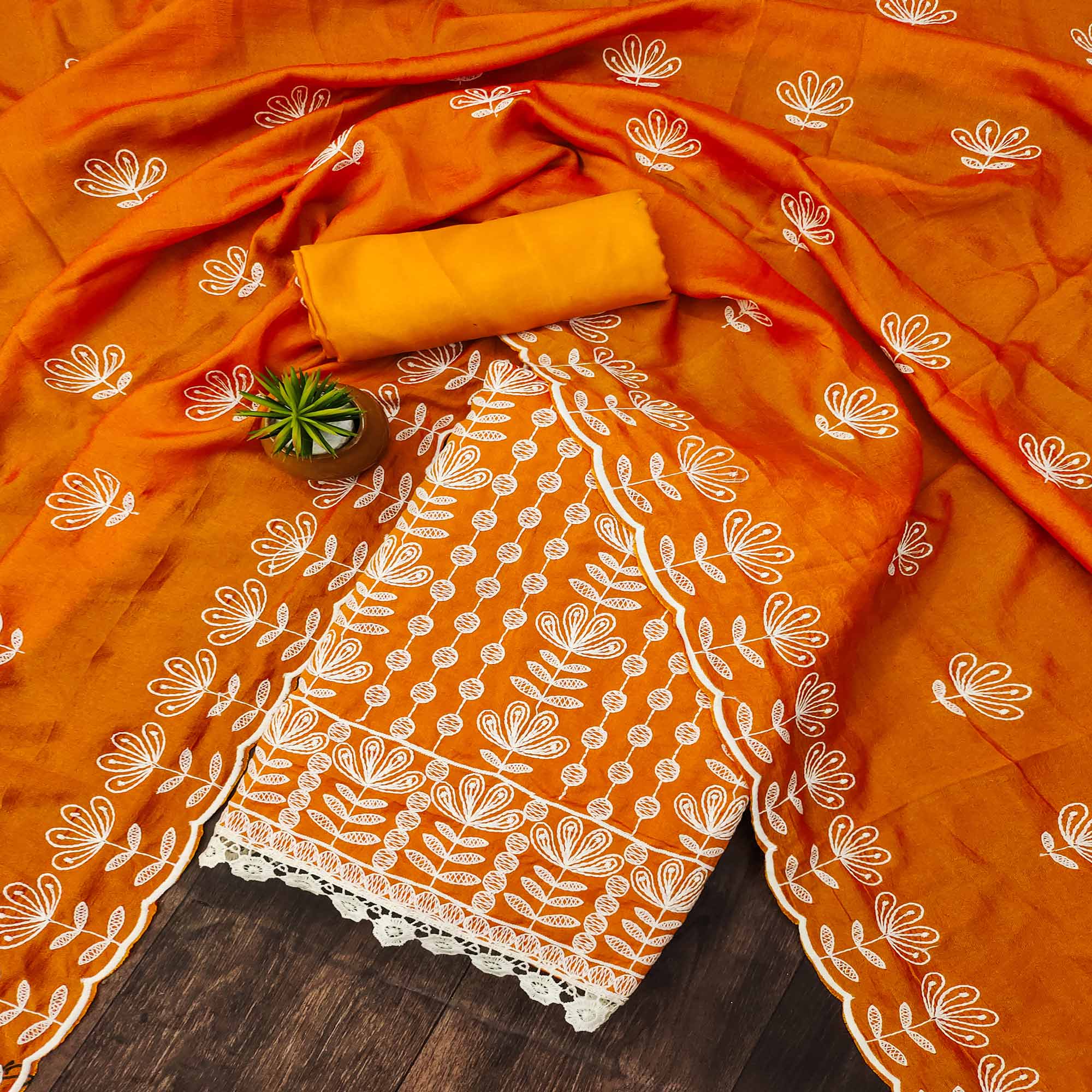 Mustard Floral Embroidered Vichitra Silk Dress Material