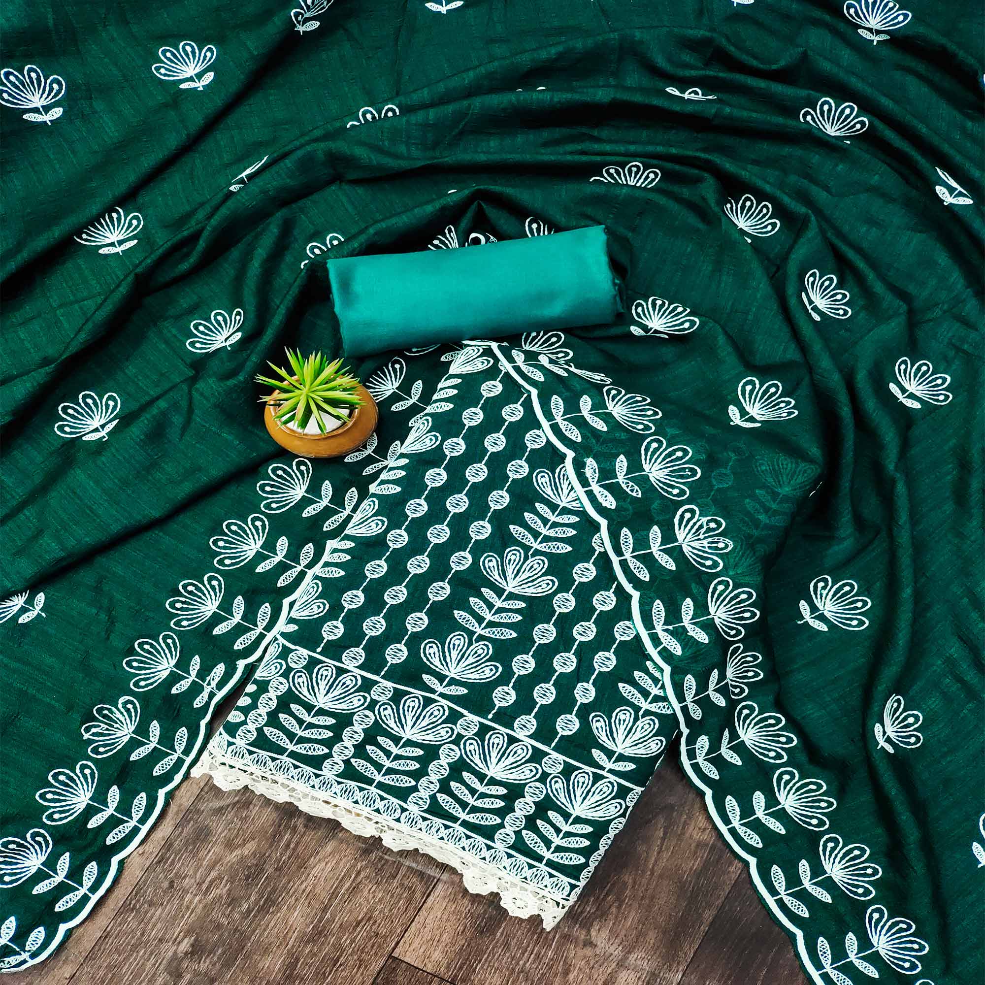 Rama Green Floral Embroidered Vichitra Silk Dress Material