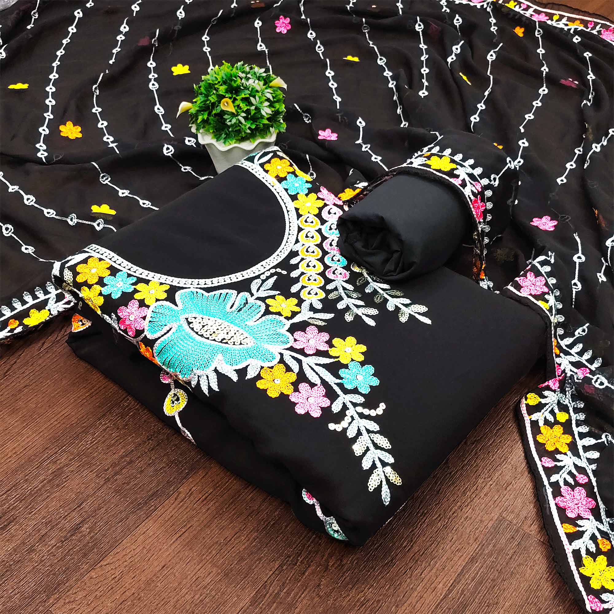 Black Floral Sequins Embroidered Georgette Dress Material