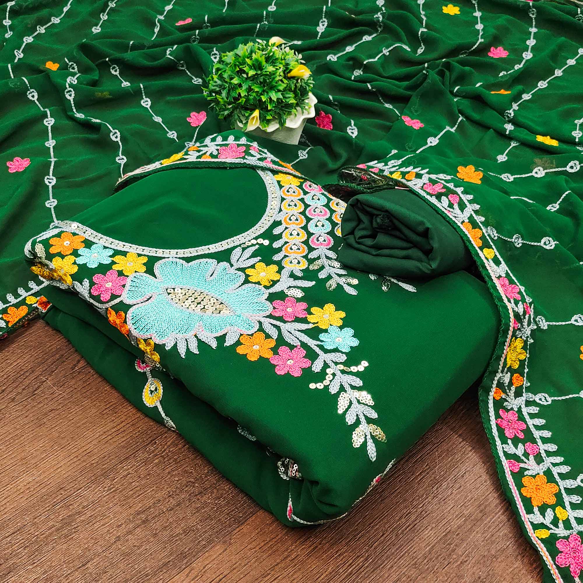 Dark Green Floral Sequins Embroidered Georgette Dress Material Dark Green Floral Sequins Embroidered Georgette Dress Material