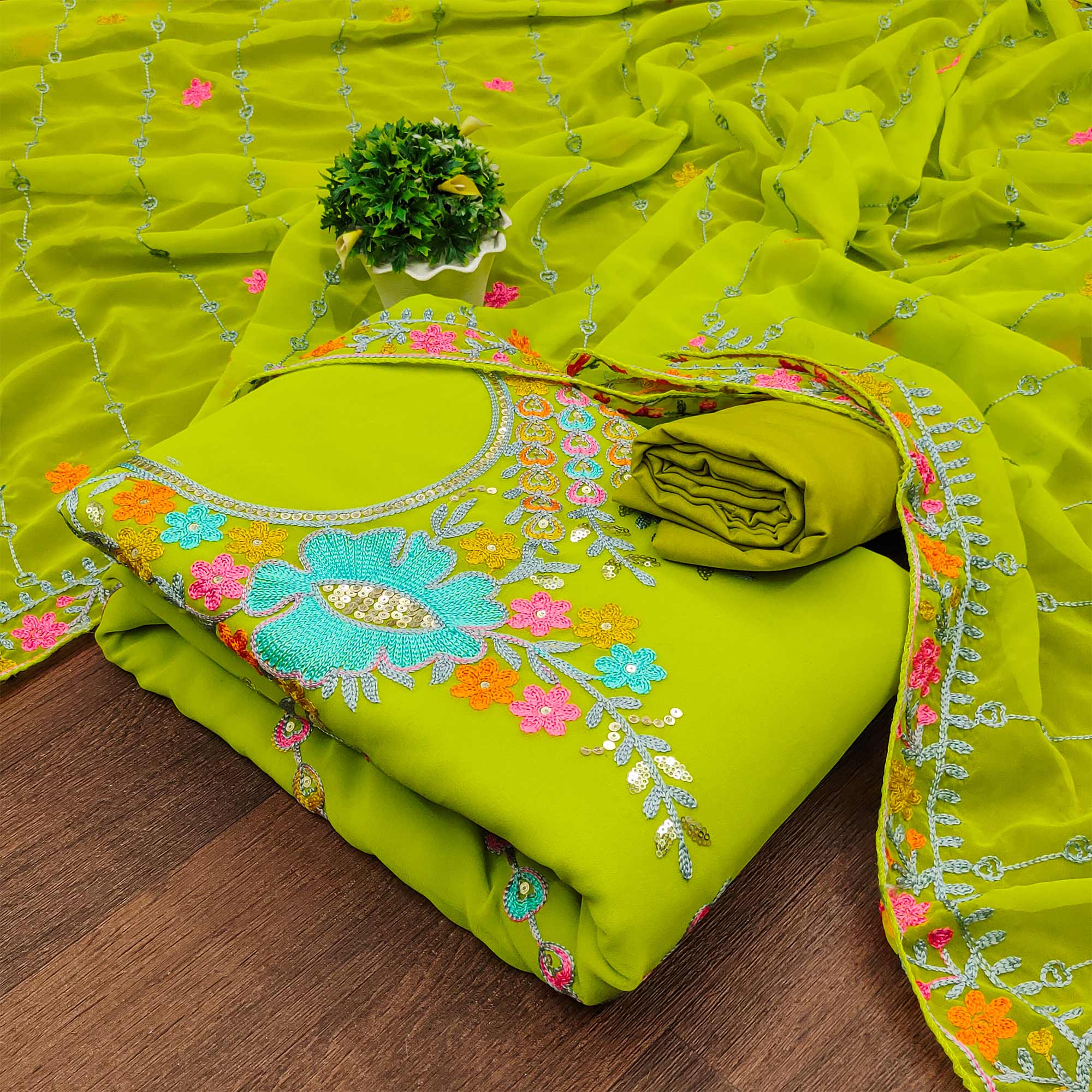 Green Floral Sequins Embroidered Georgette Dress Material