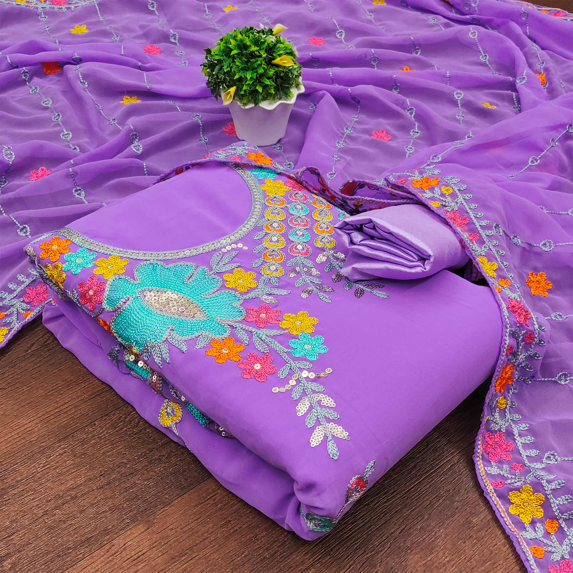 Lavender Floral Sequins Embroidered Georgette Dress Material
