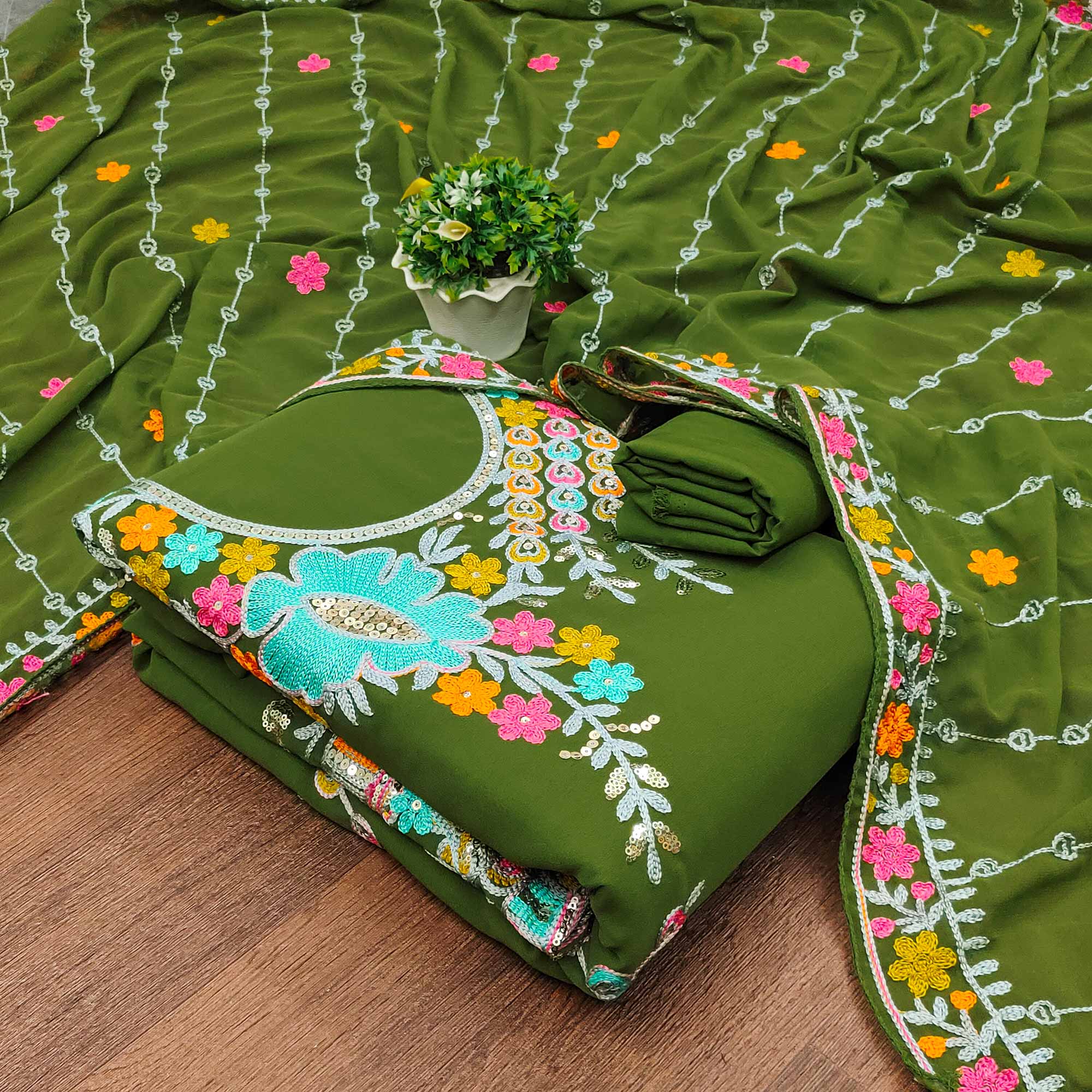 Mehendi Green Floral Sequins Embroidered Georgette Dress Material