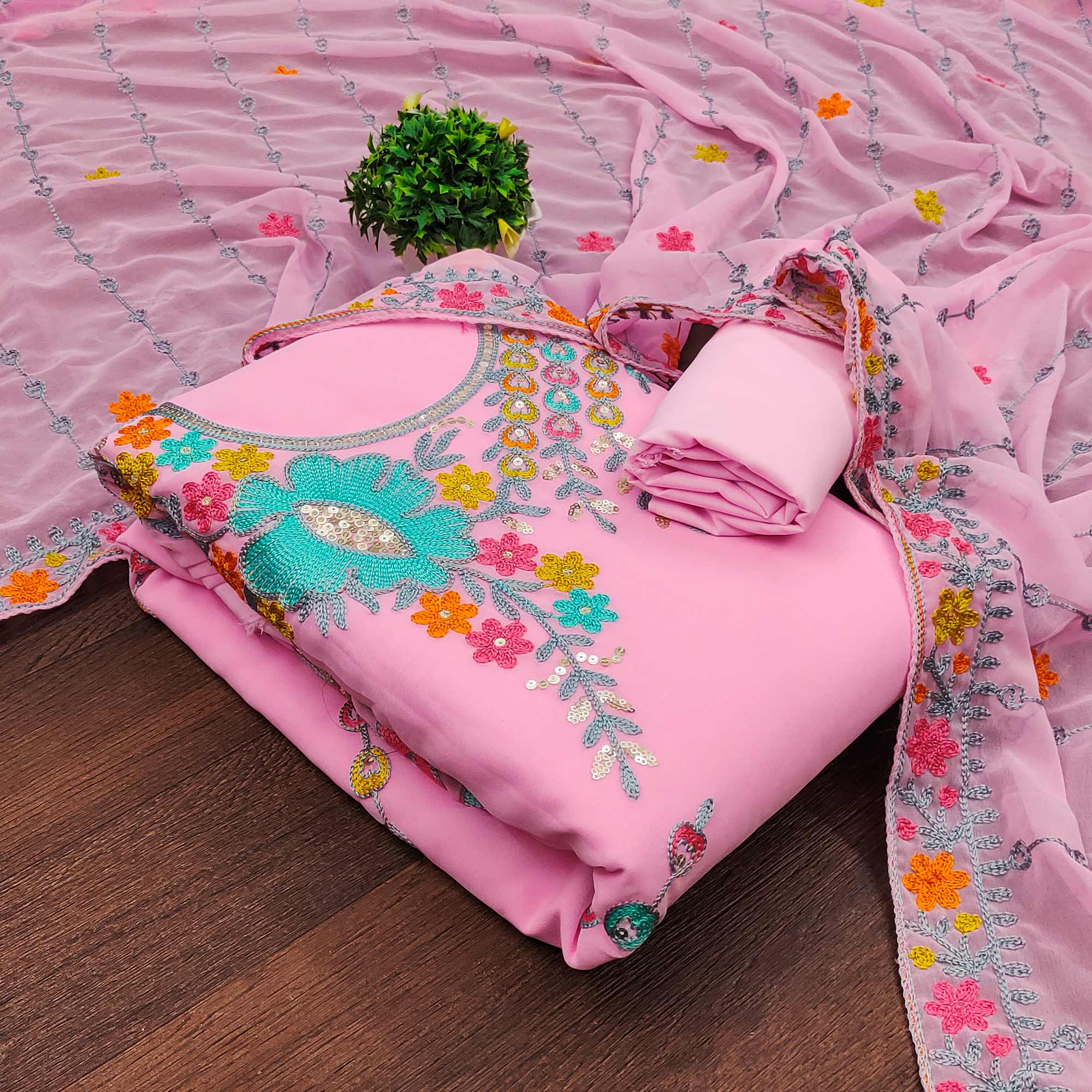 Pink Floral Sequins Embroidered Georgette Dress Material