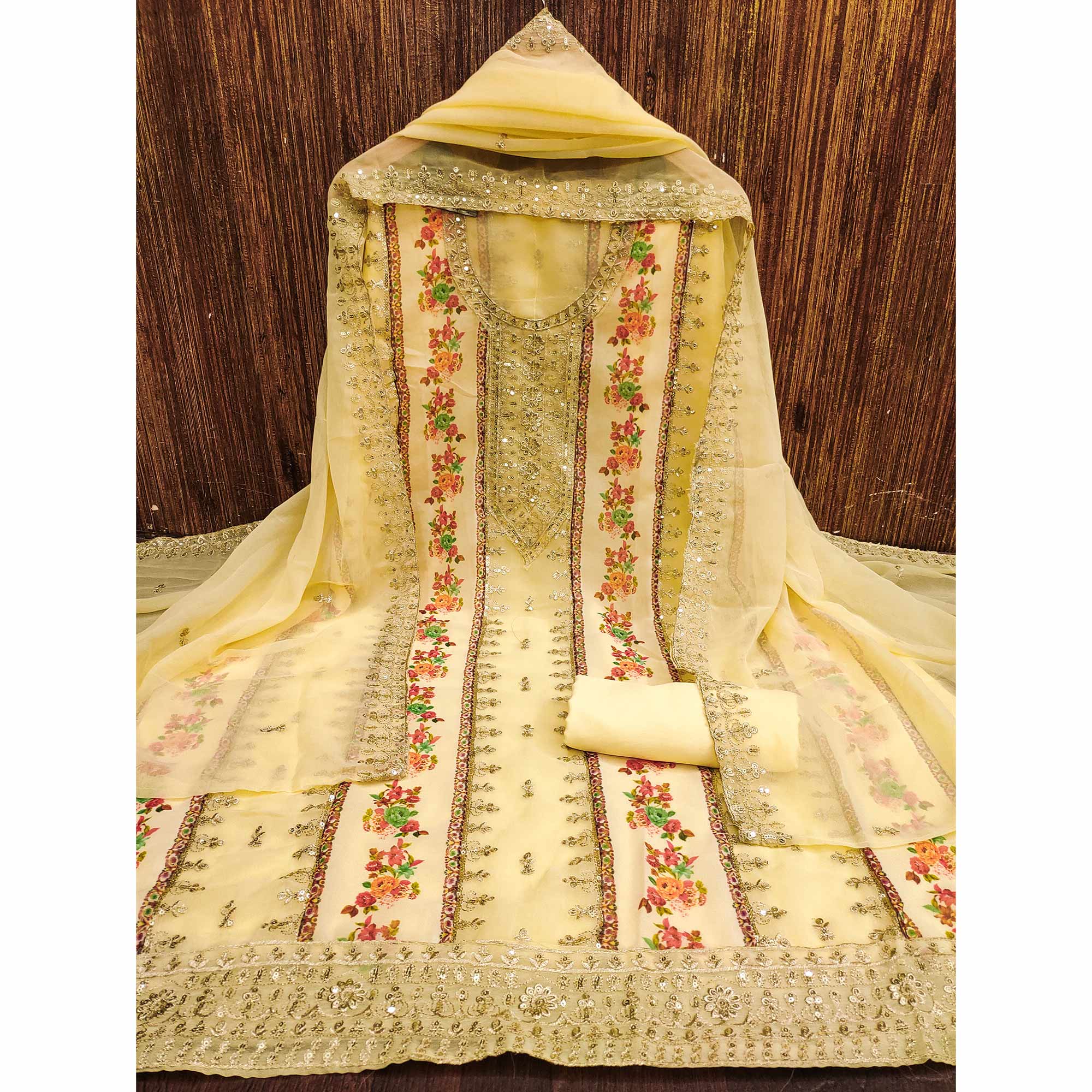 Yellow Floral Embroidered With Printed Georgette Dress Material