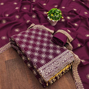 Wine Floral Embroidered Georgette Dress Material