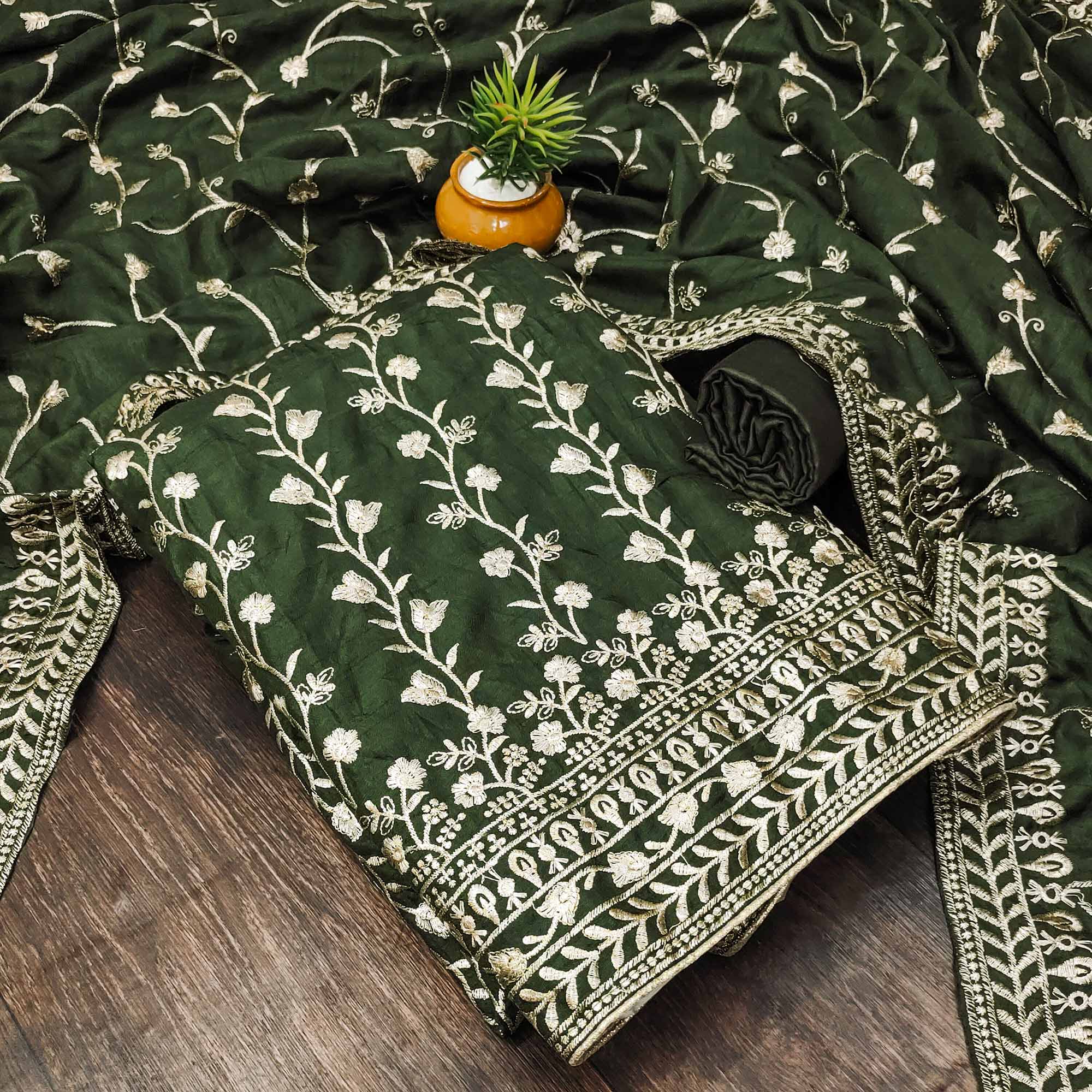 Green Floral Embroidered Vichitra Silk Dress Material