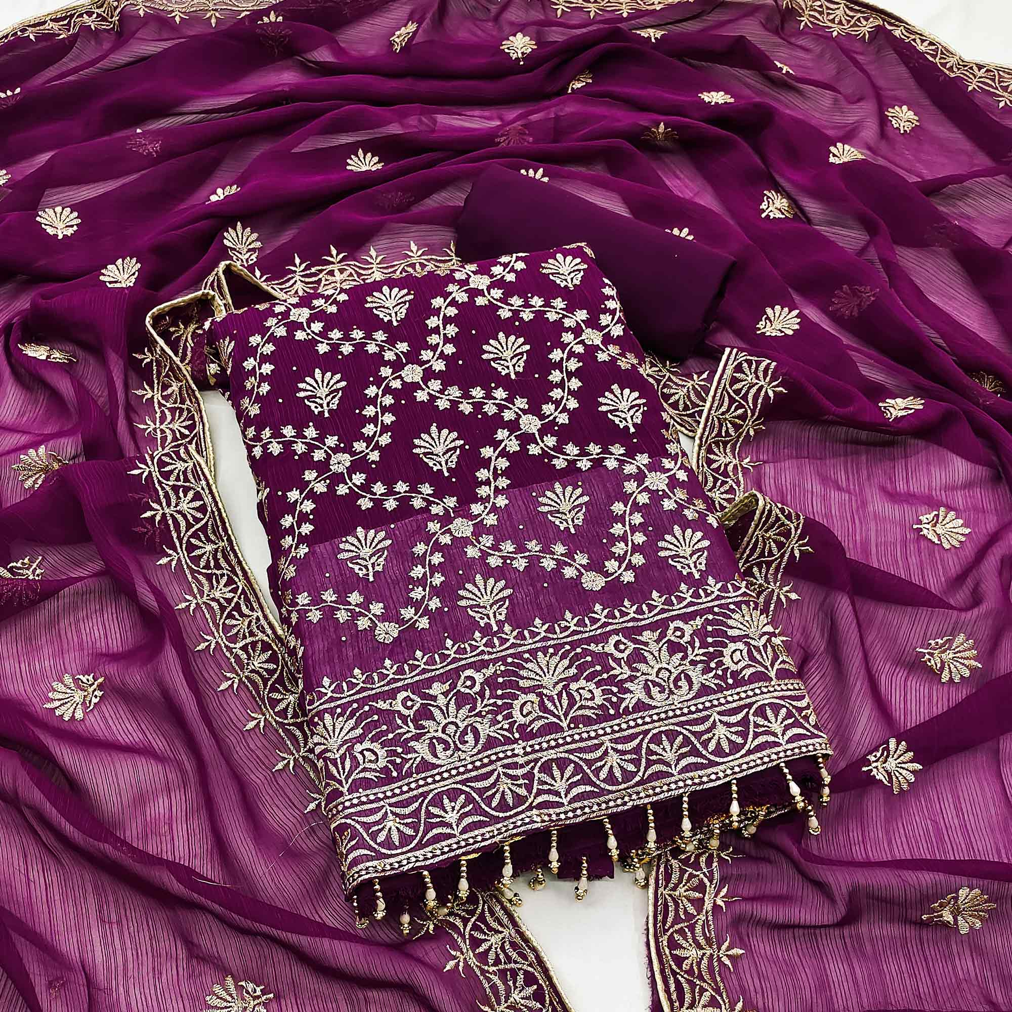 Wine Floral Embroidered Georgette Dress Material