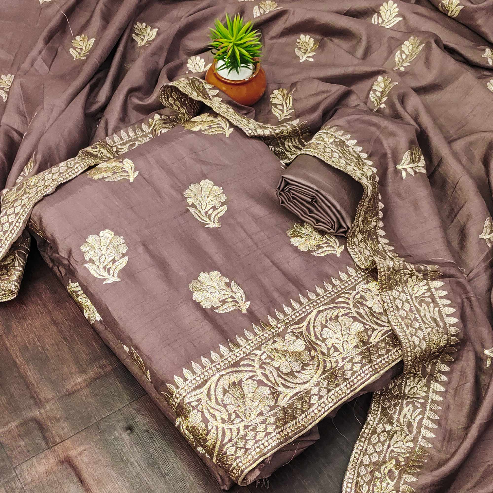 Brown Floral Embroidered Vichitra Silk Dress Material