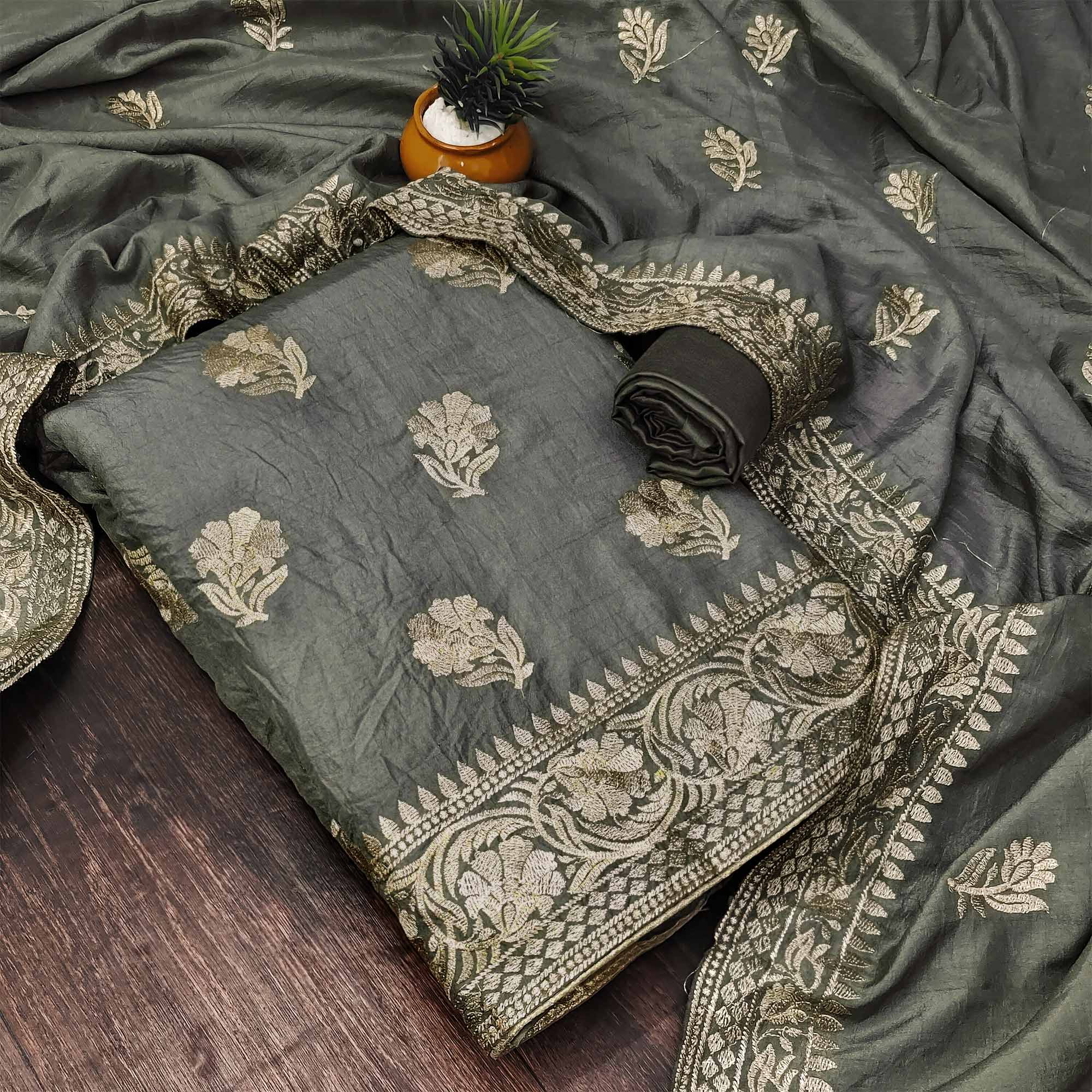 Grey Floral Embroidered Vichitra Silk Dress Material