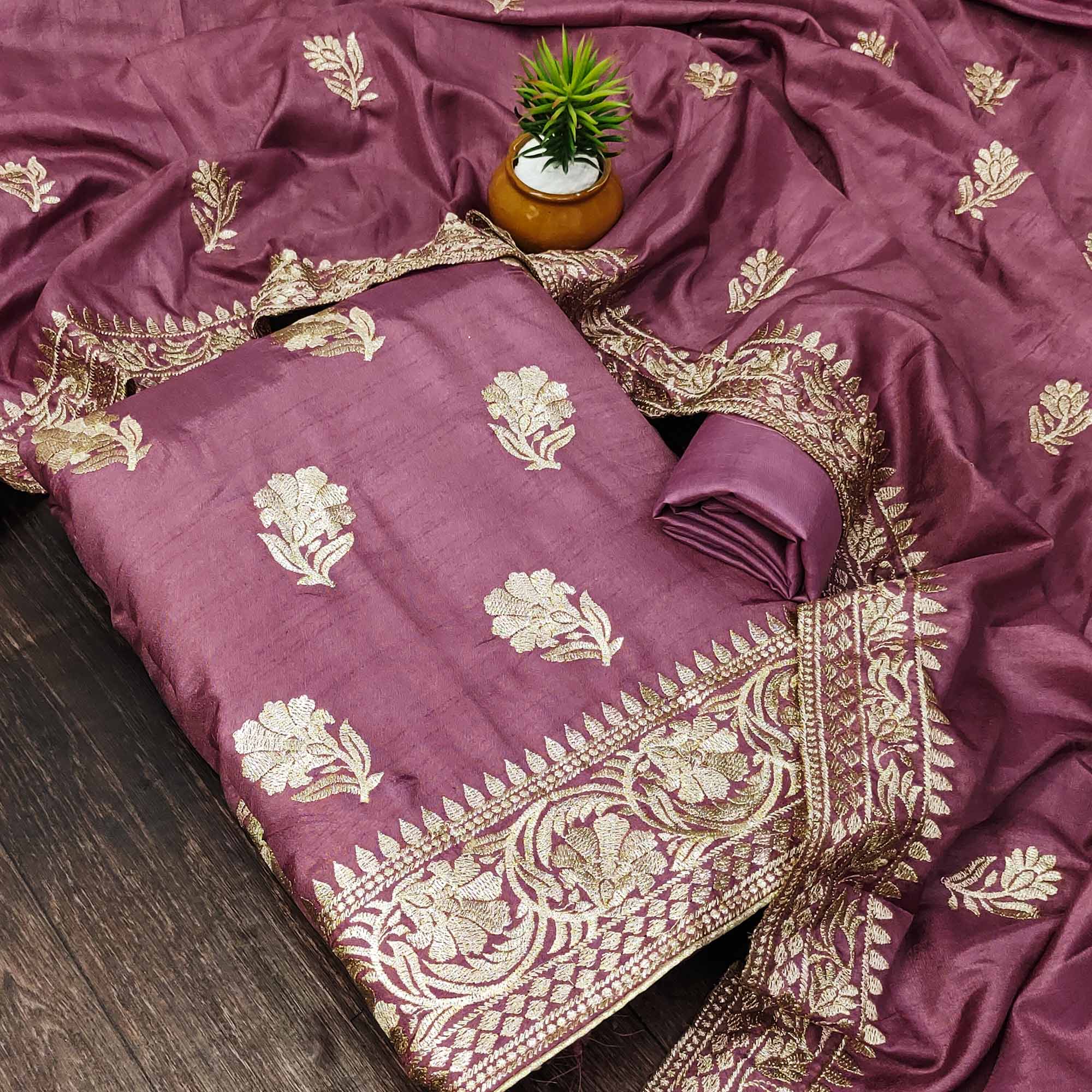 Mauve Floral Embroidered Vichitra Silk Dress Material