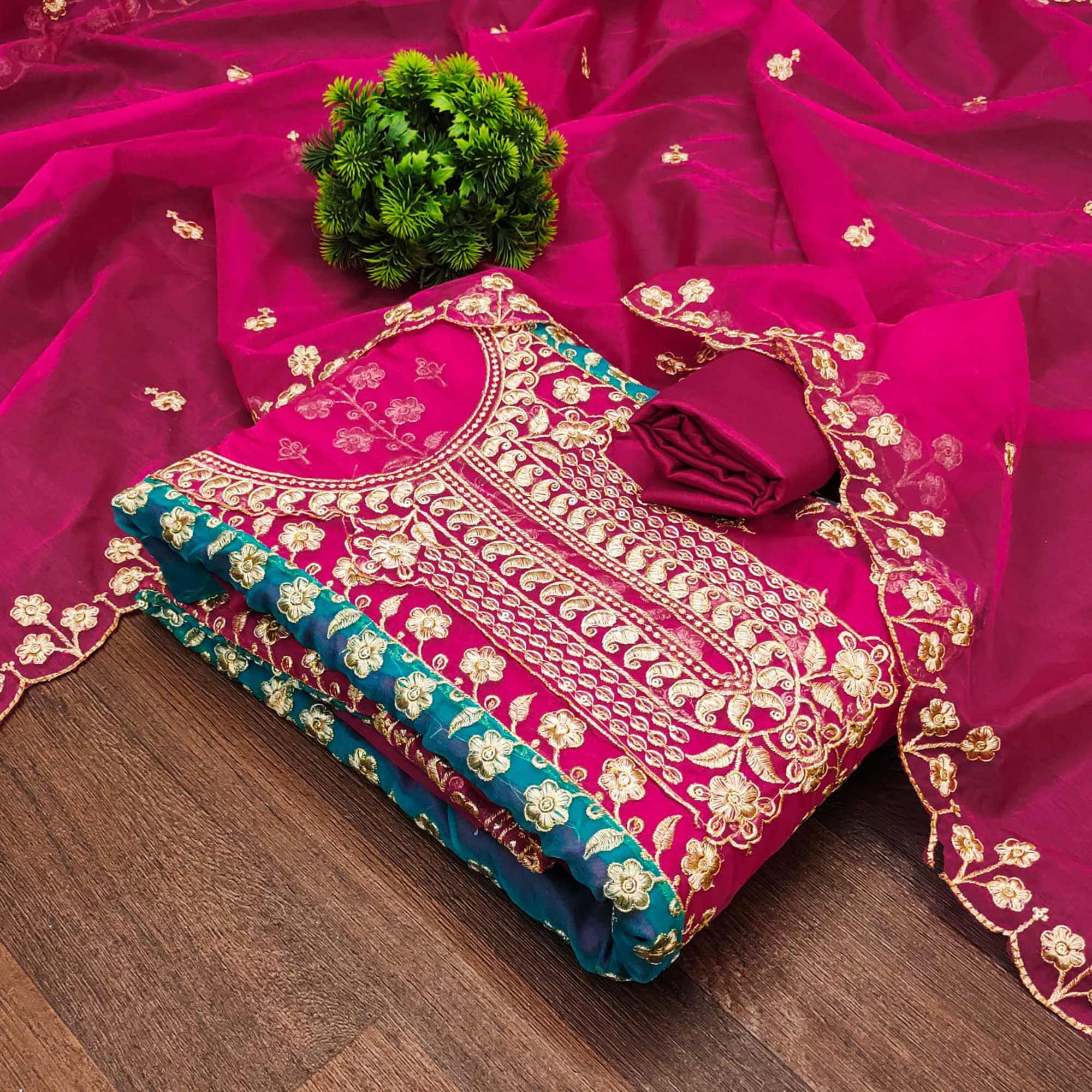 Pink Floral Embroidered With Digital Printed Organza Dress Material