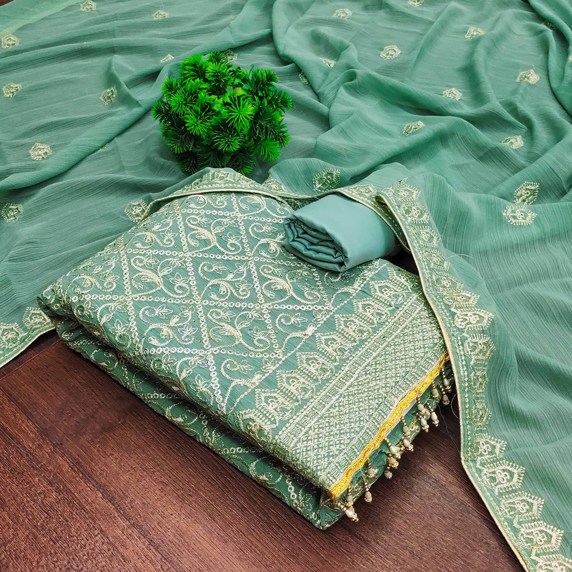 Sea Green Floral Embroidered Vichitra Silk Dress Material
