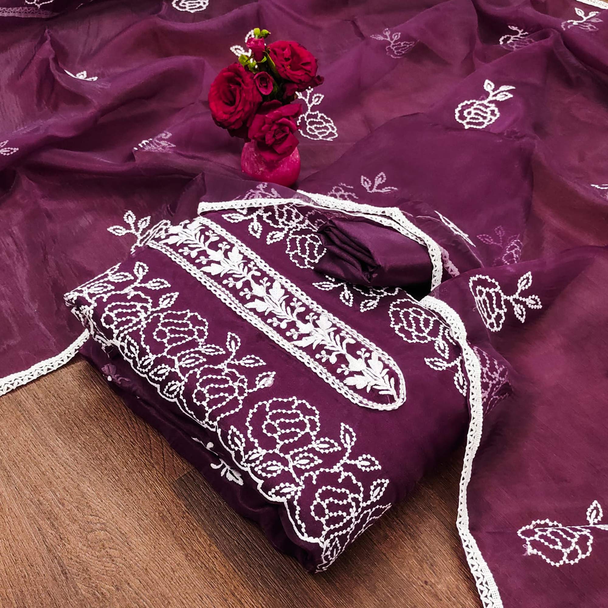 Wine Floral Embroidered Organza Dress Material