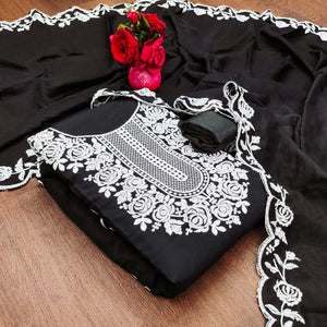 Black Floral Embroidered Chanderi Dress Material