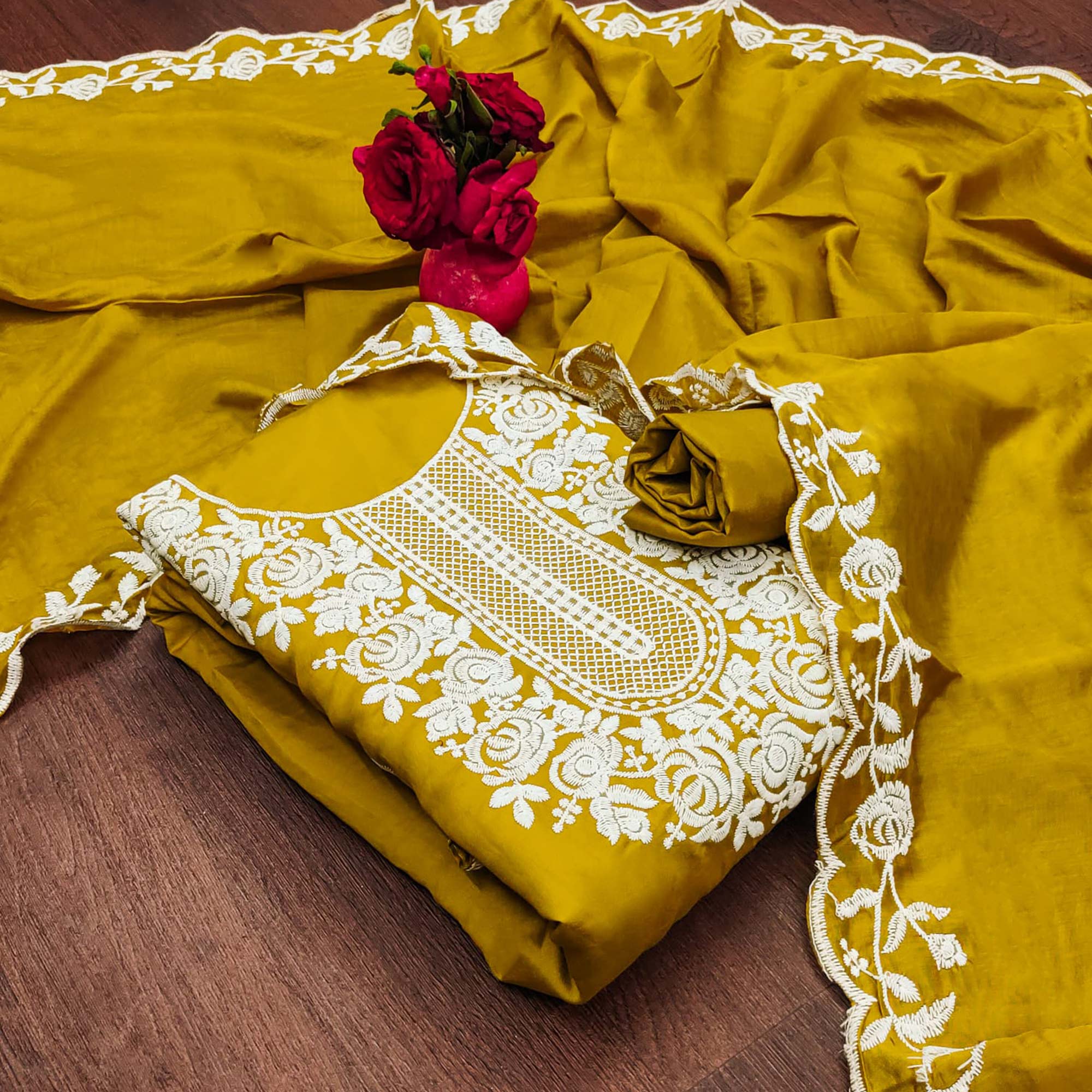 Mustard Floral Embroidered Chanderi Dress Material