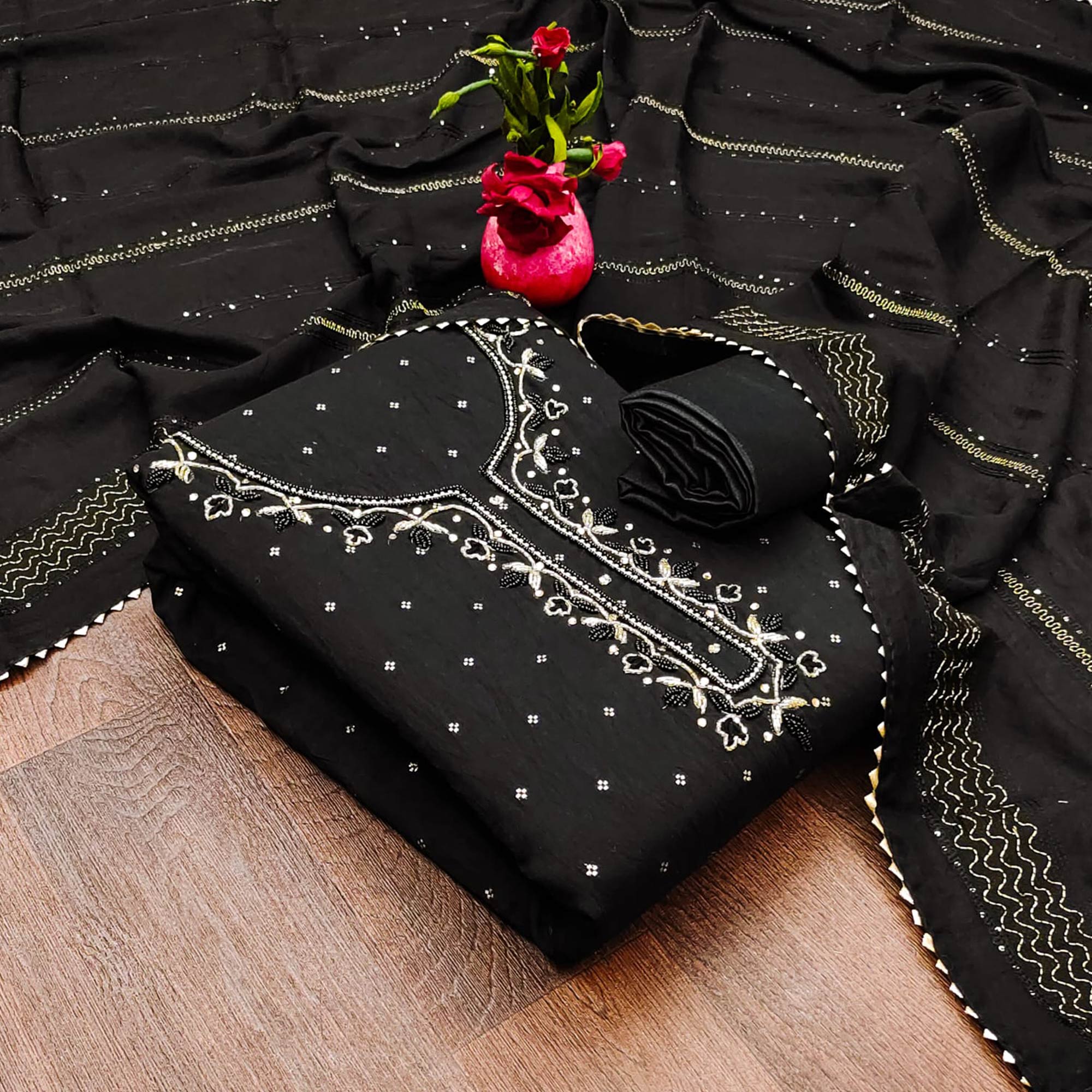 Black Butti With Hand Embroidered Jacquard Dress Material