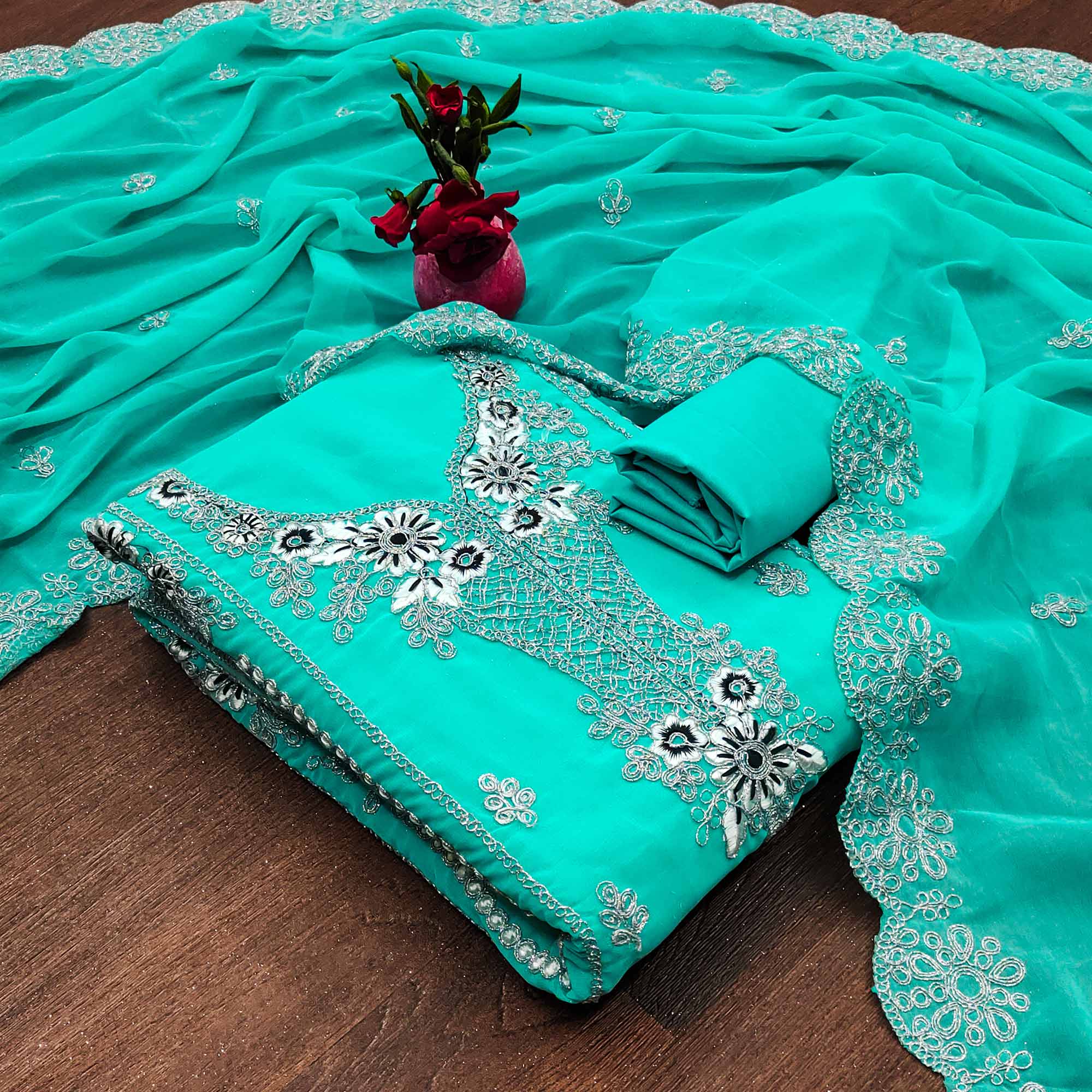 Turquoise Floral Embroidered Georgette Dress Material