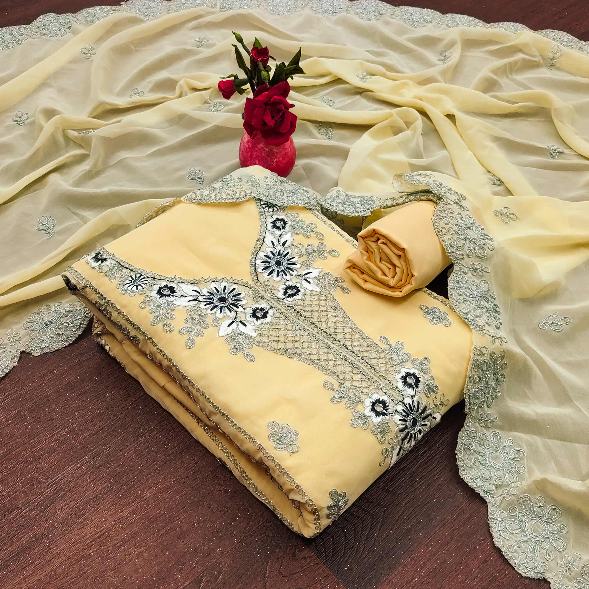 Yellow Floral Embroidered Georgette Dress Material