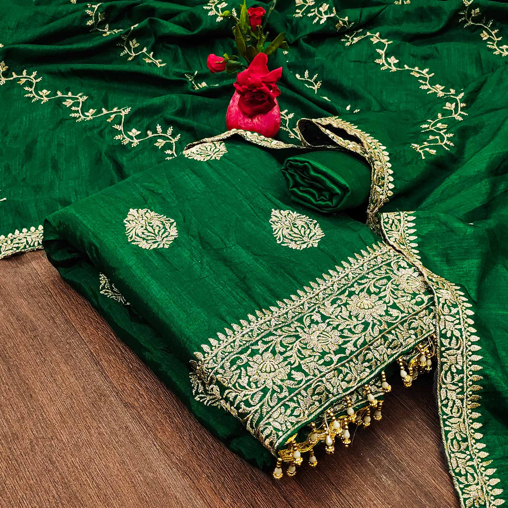 Green Floral Embroidered Vichitra Silk Dress Material