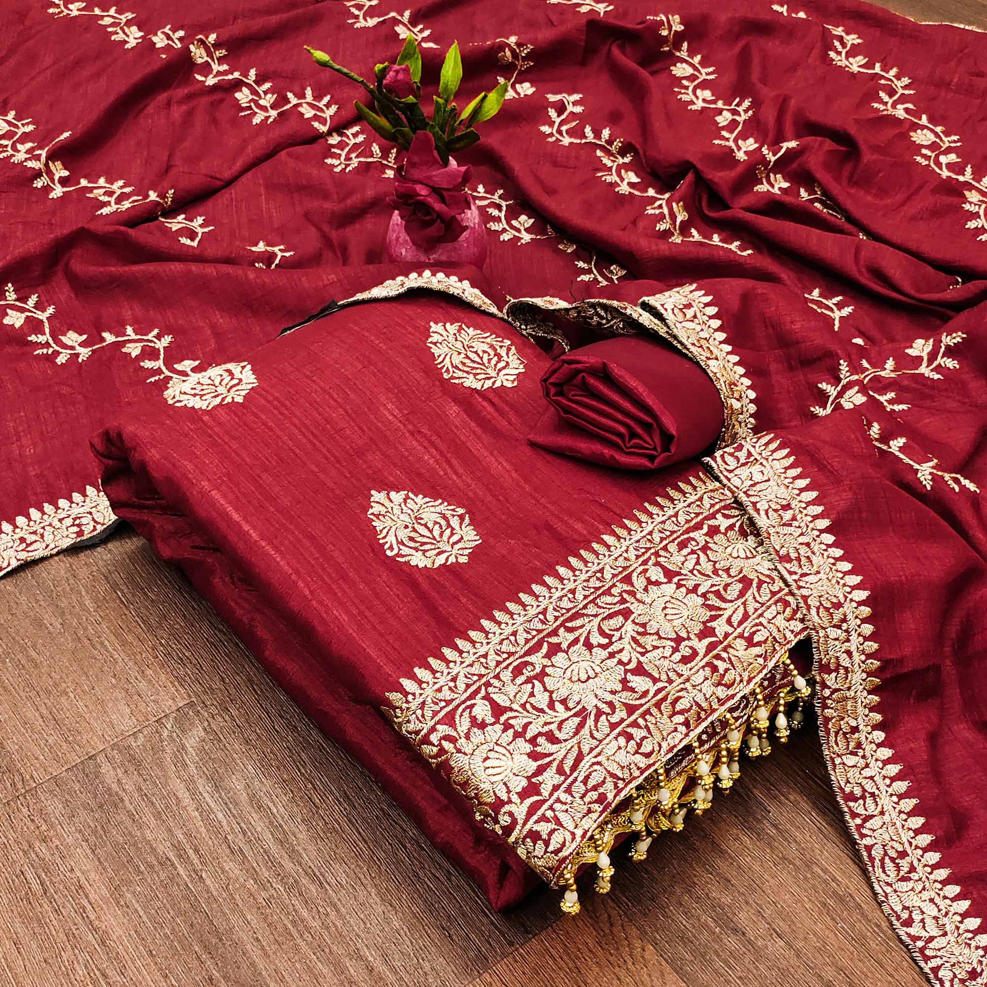 Maroon Floral Embroidered Vichitra Silk Dress Material