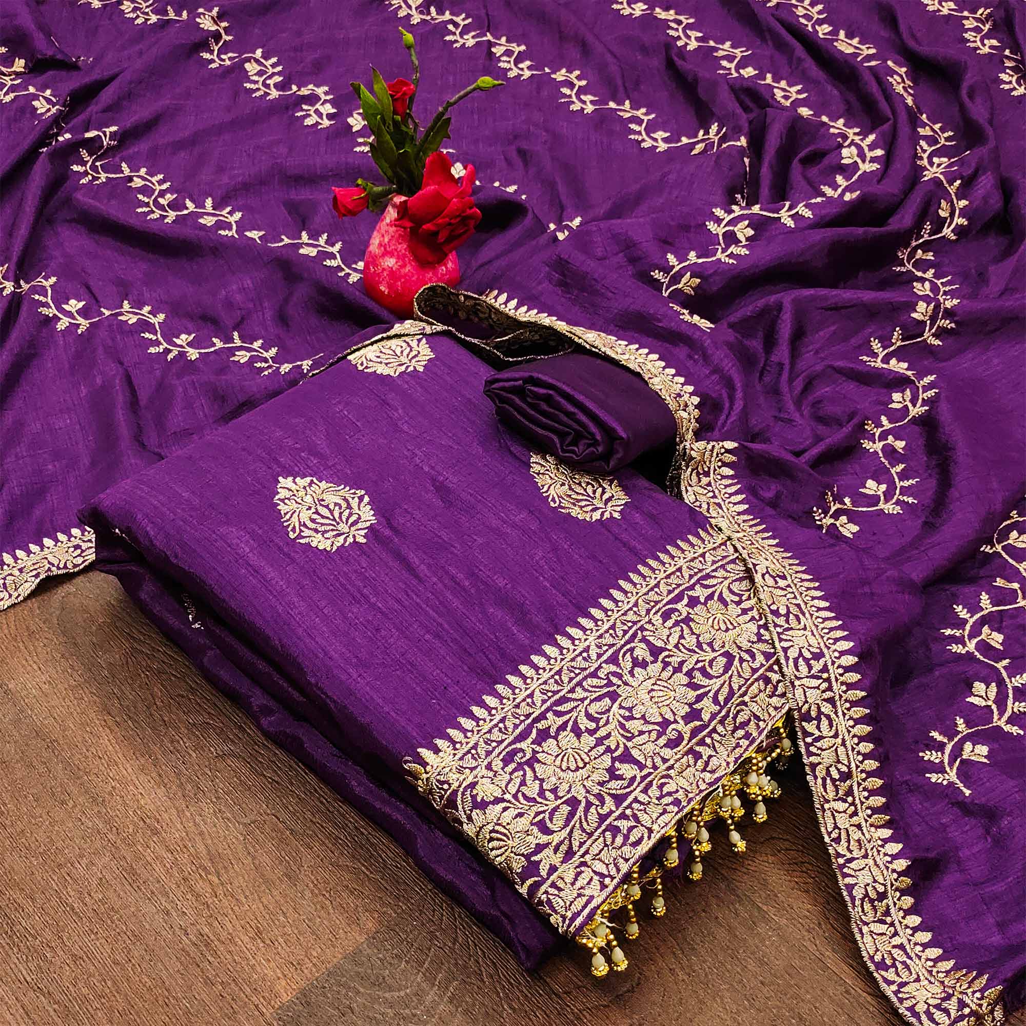 Purple Floral Embroidered Vichitra Silk Dress Material