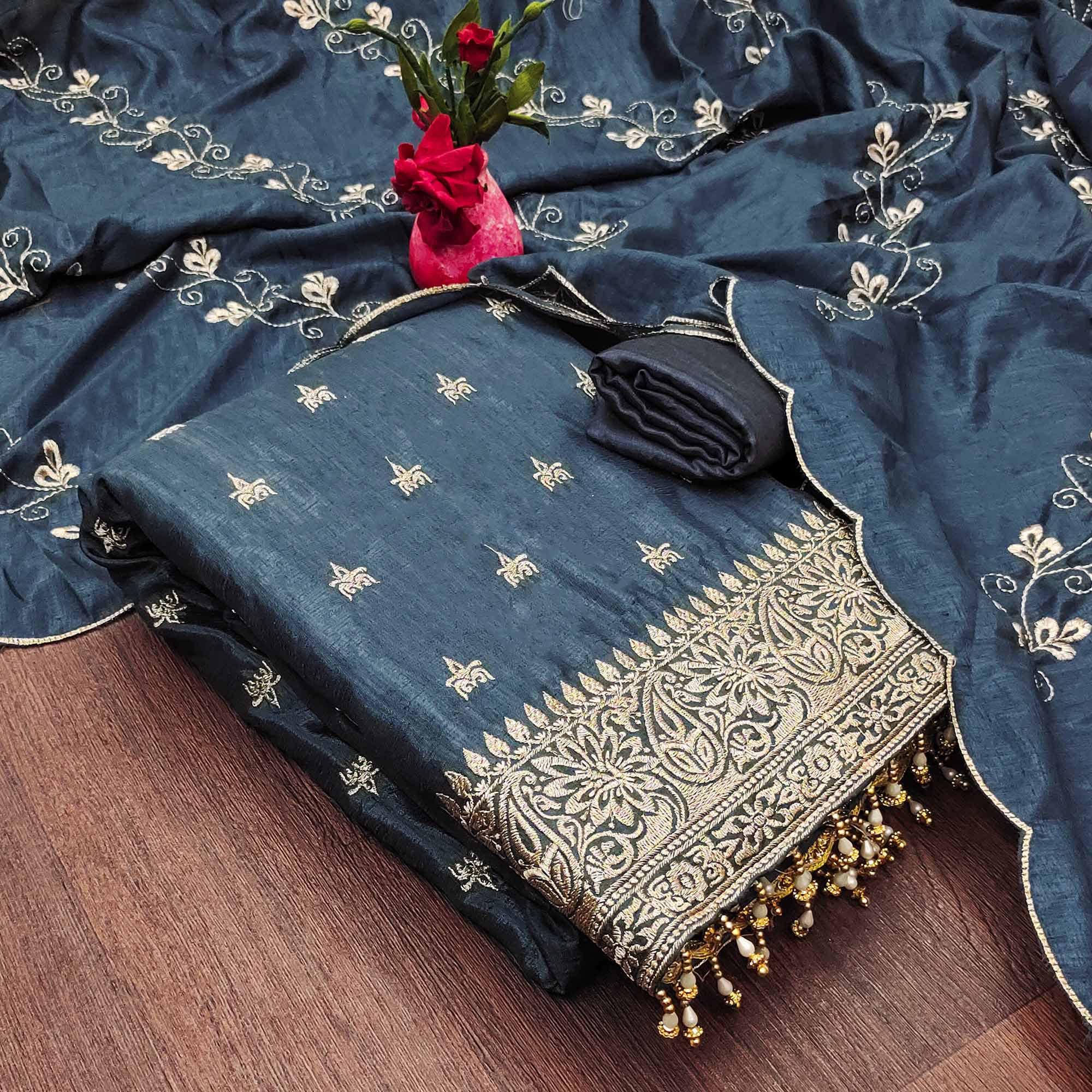 Grey Embroidered Vichitra Silk Dress Material