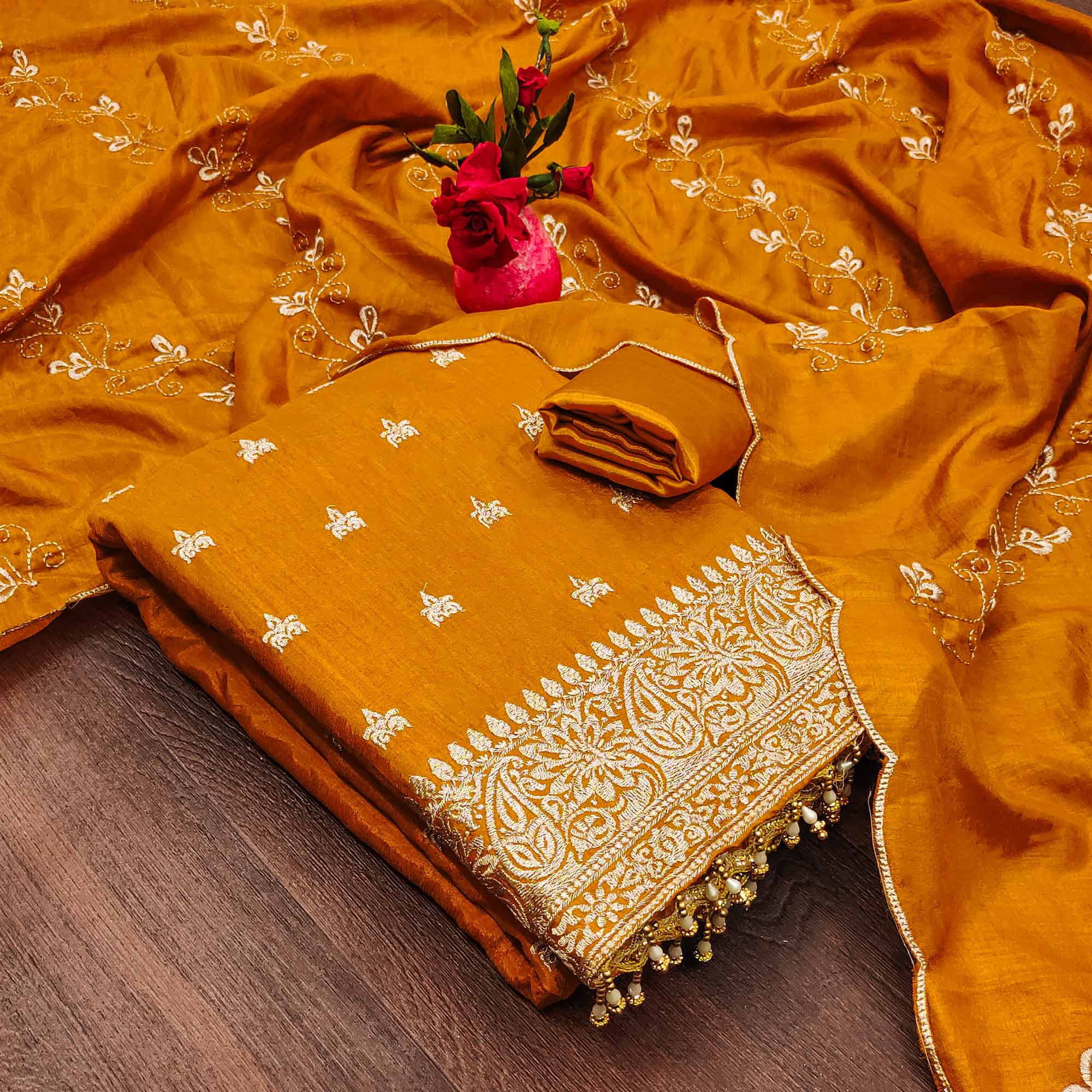 Mustard Embroidered Vichitra Silk Dress Material