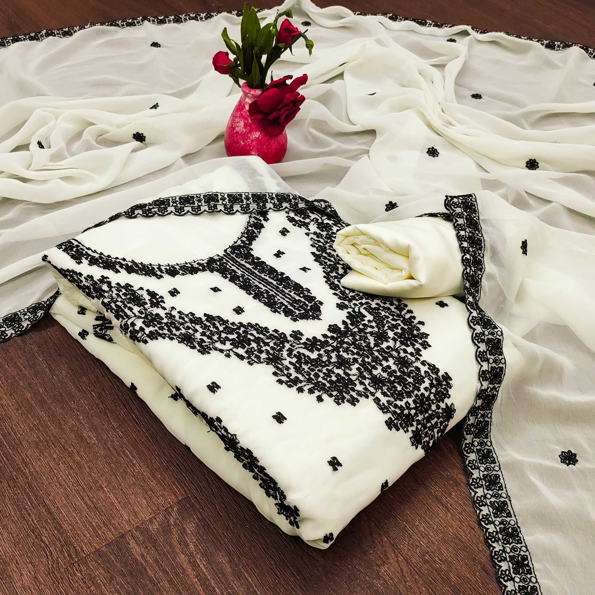 Cream Floral Embroidered Georgette Dress Material