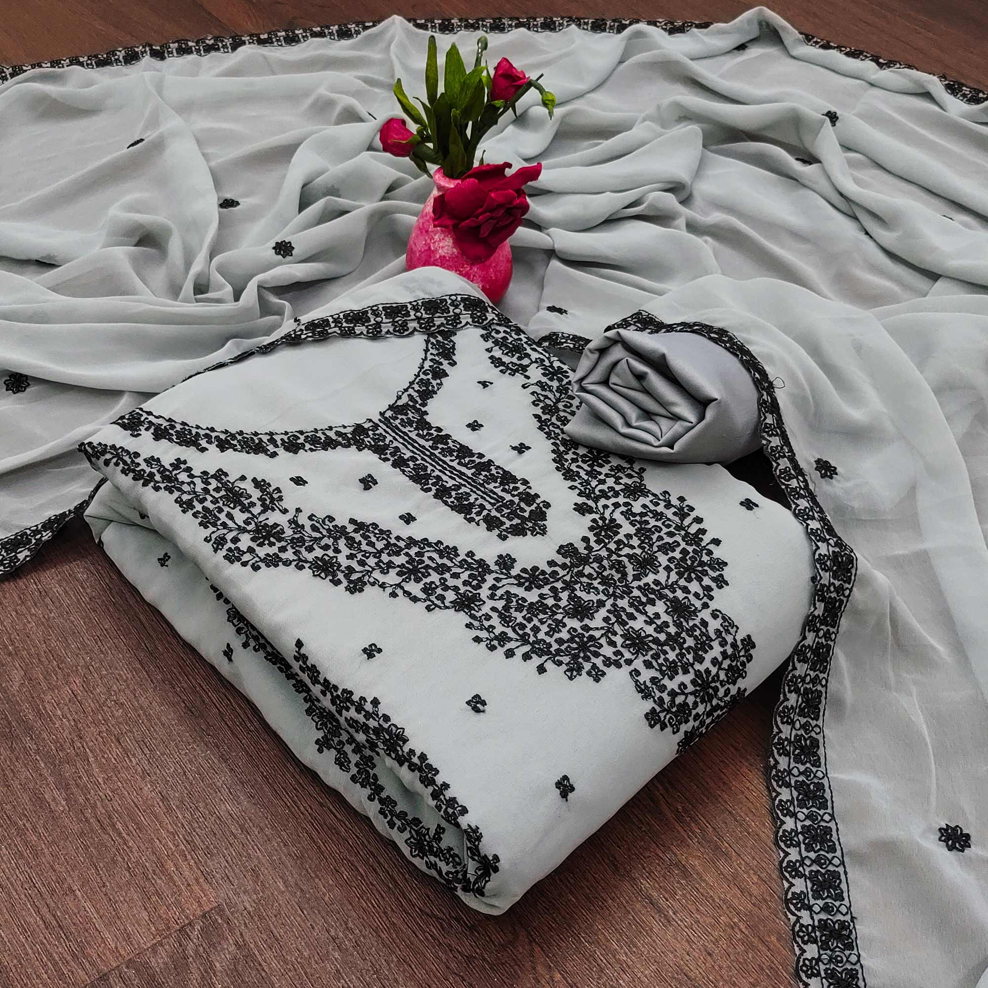 Grey Floral Embroidered Georgette Dress Material