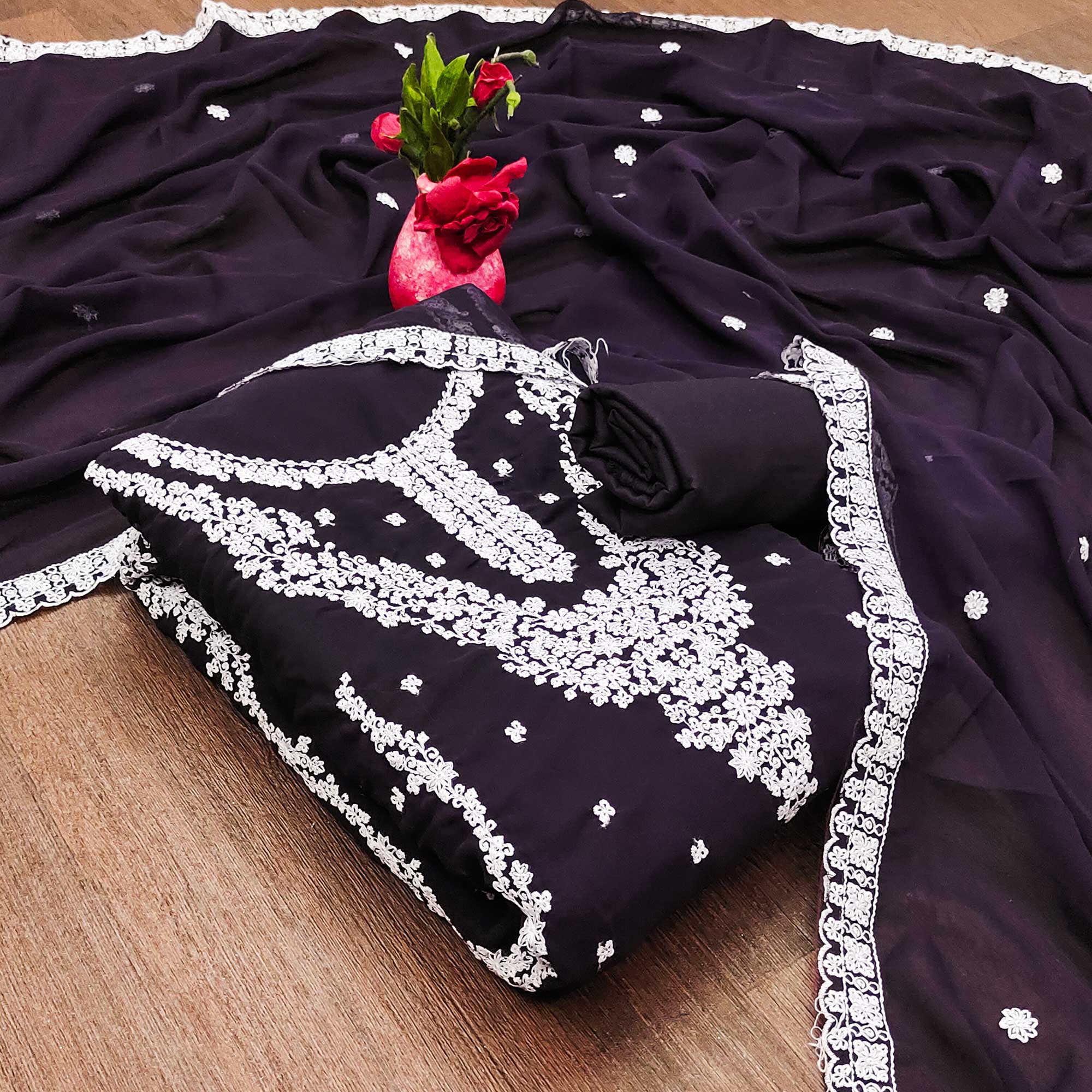 Purple Floral Embroidered Georgette Dress Material