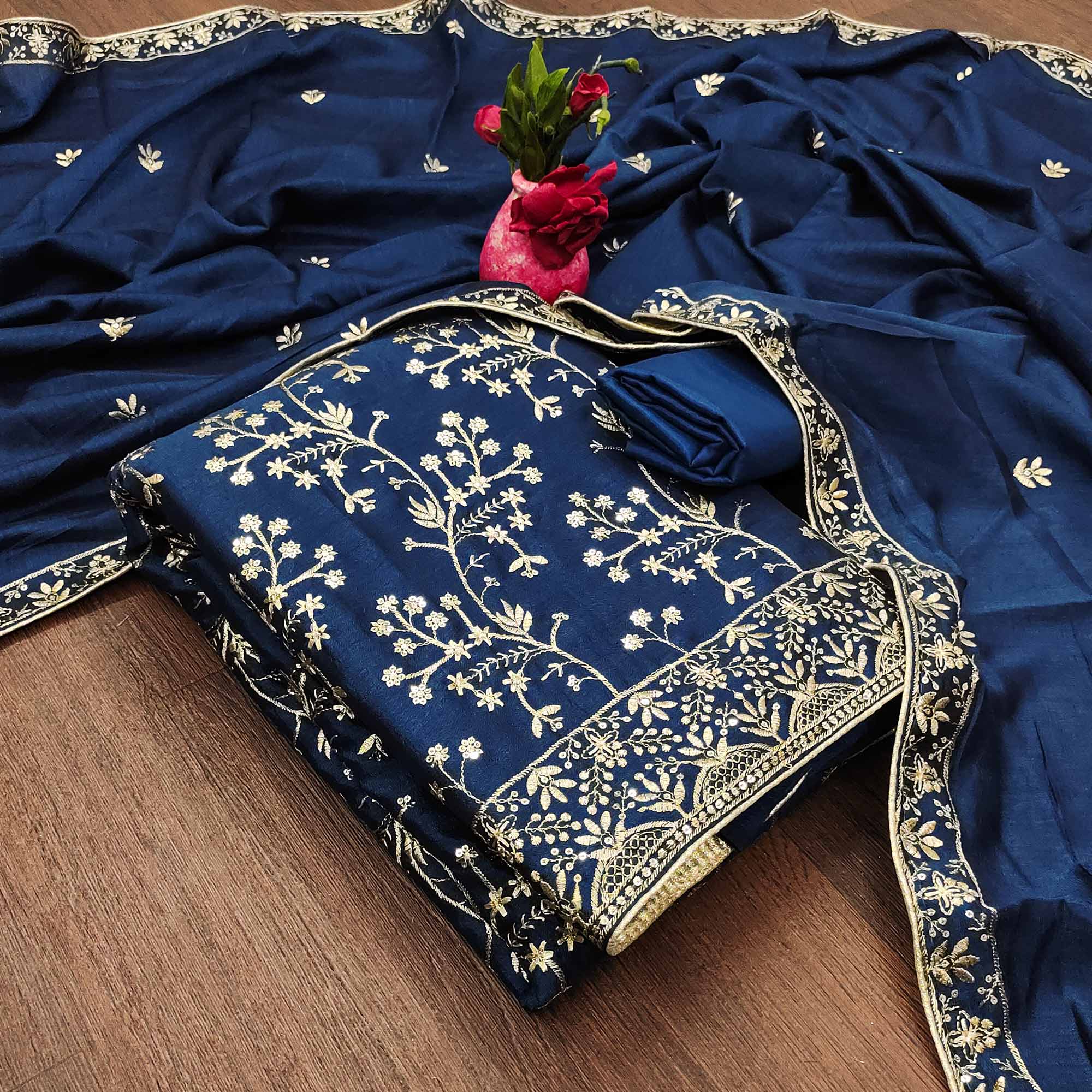 Blue Floral Embroidered Vichitra Silk Dress Material