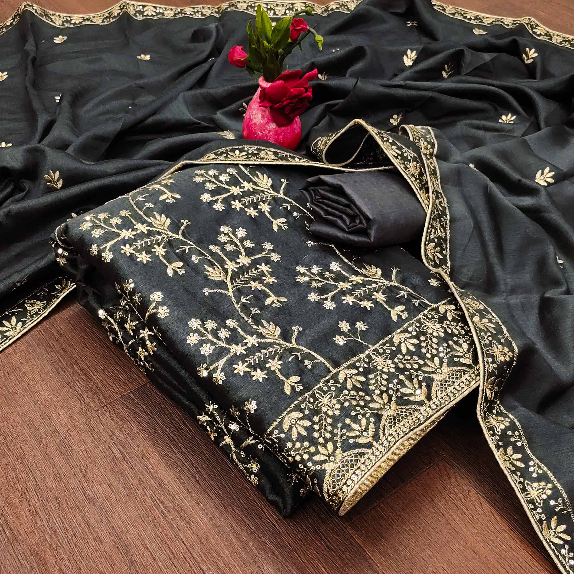 Grey Floral Embroidered Vichitra Silk Dress Material