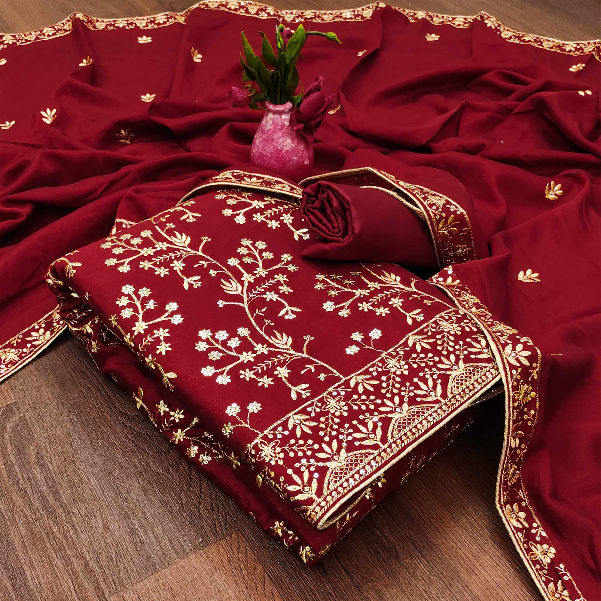 Maroon Floral Embroidered Vichitra Silk Dress Material