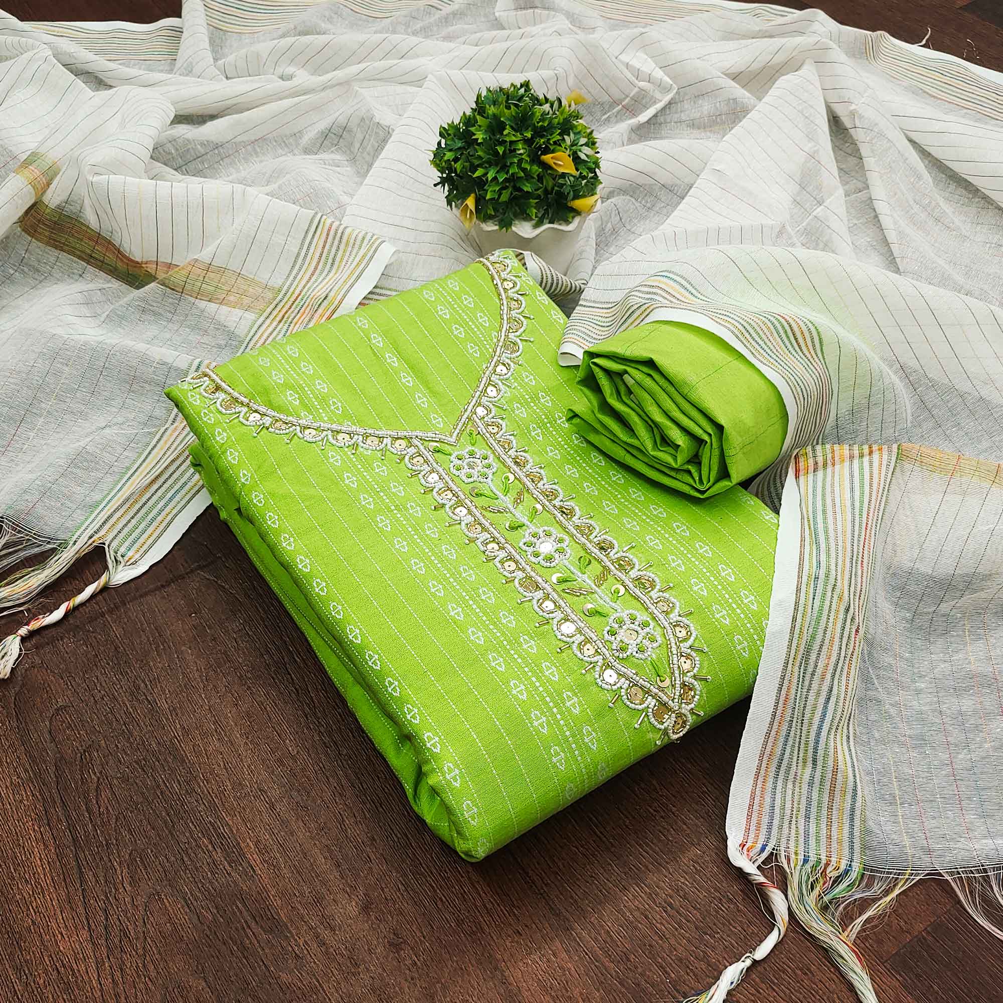 Green Woven With Handwork Cotton Blend Dress Material
