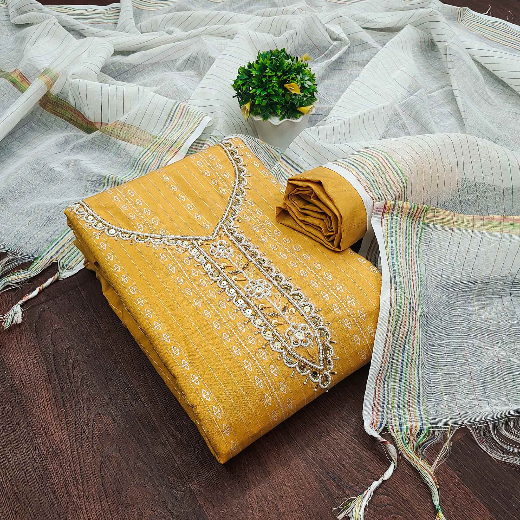 Yellow Woven With Handwork Cotton Blend Dress Material