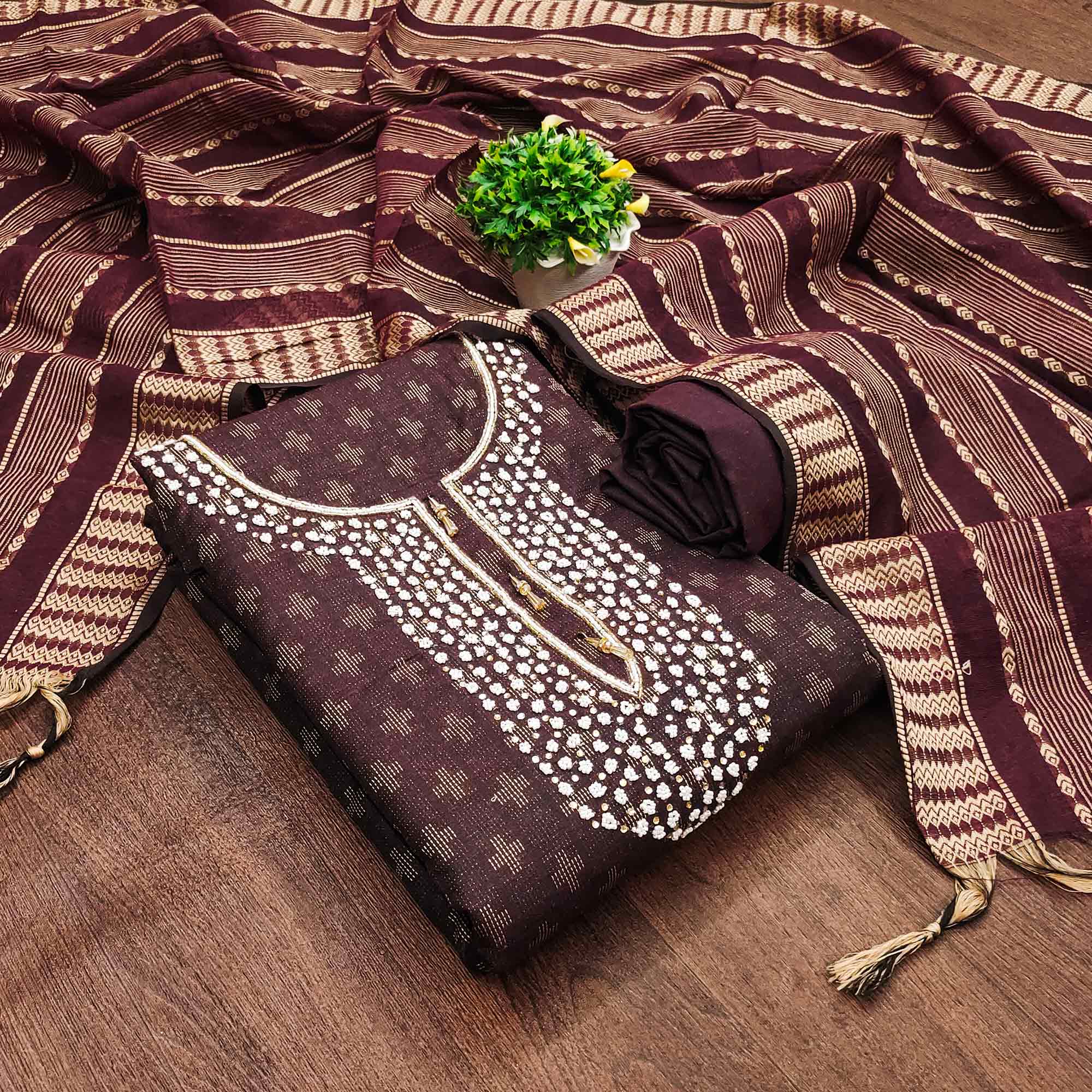 Wine Woven With Handwork Cotton Blend Dress Material