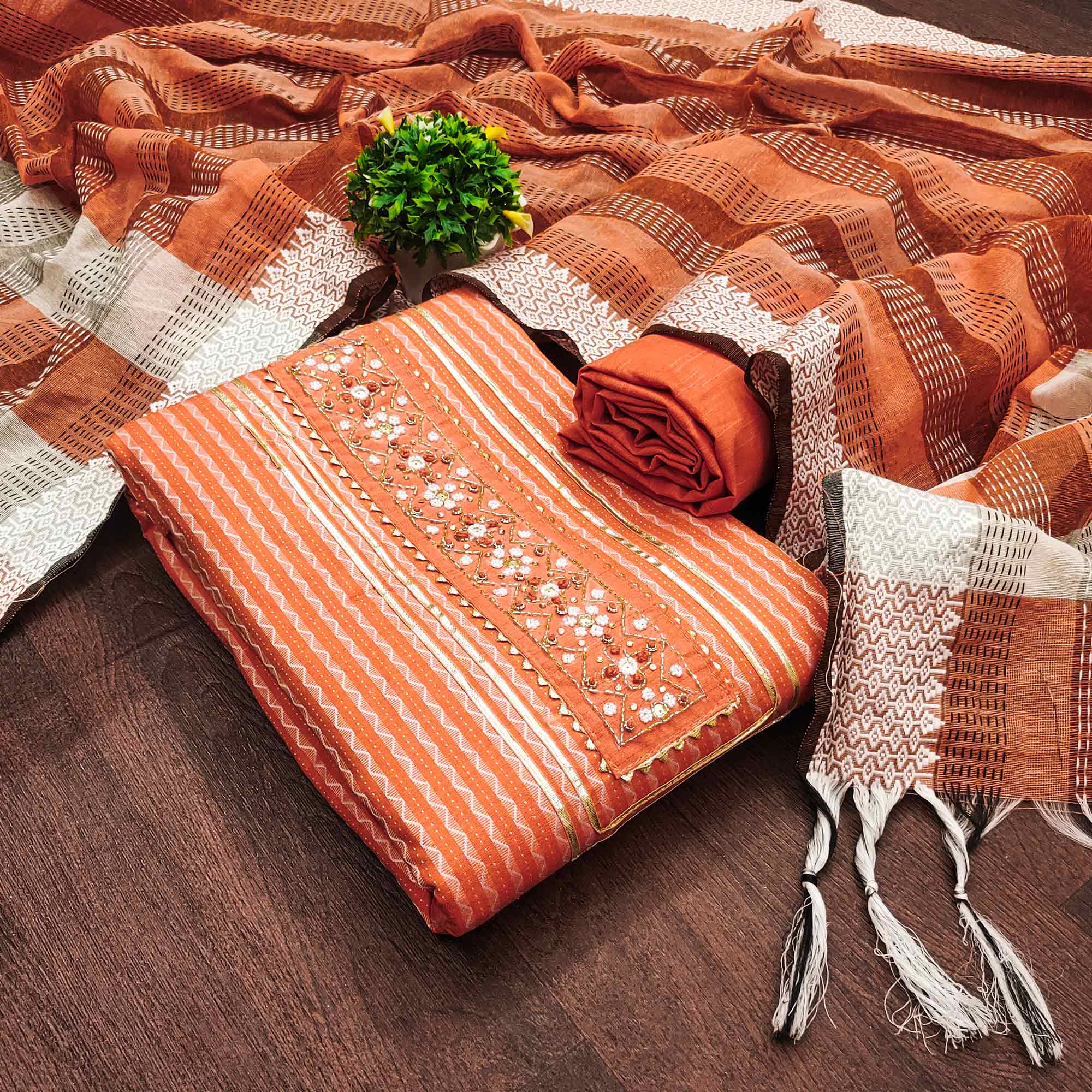 Orange Woven With Handwork Cotton Blend Dress Material