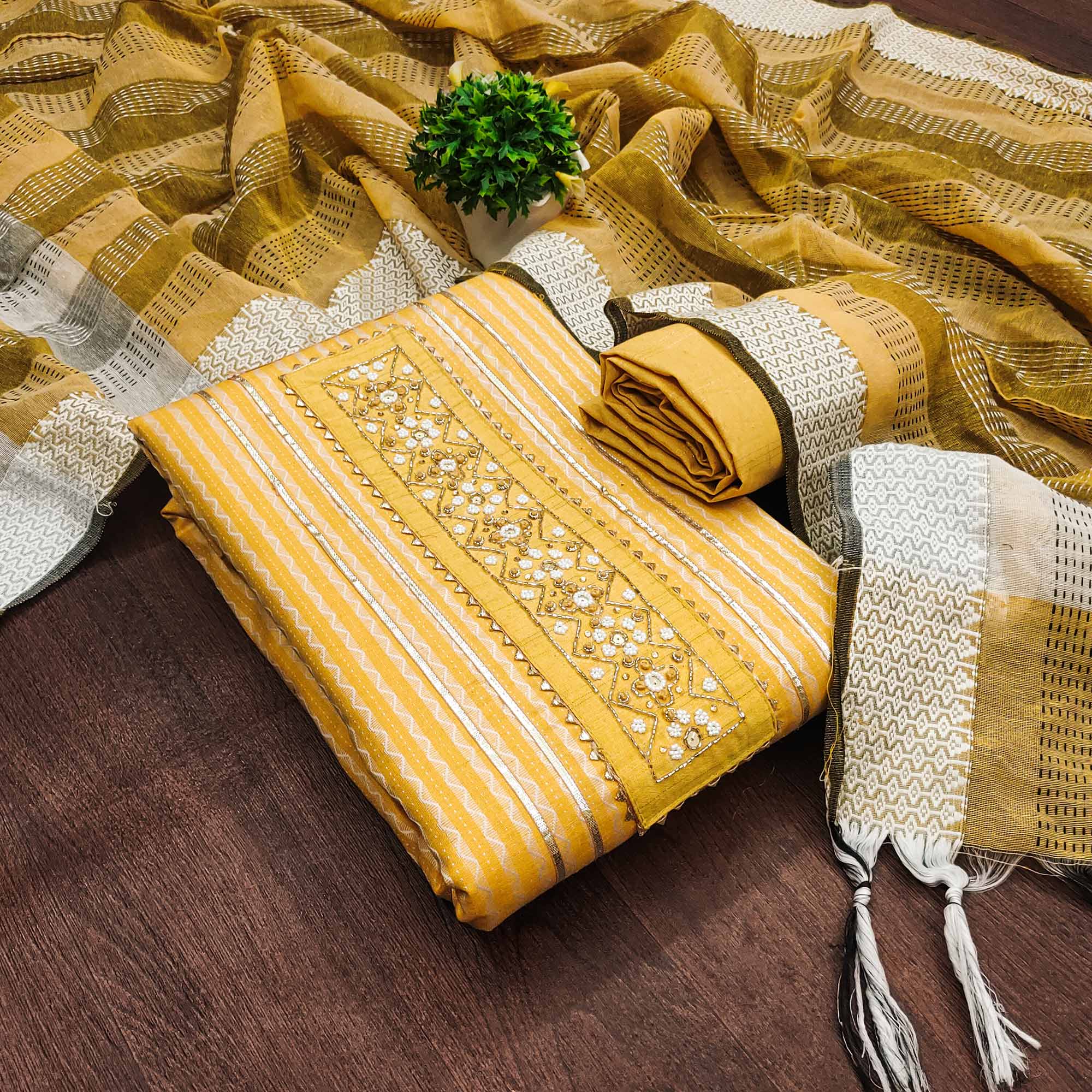 Yellow Woven With Handwork Cotton Blend Dress Material