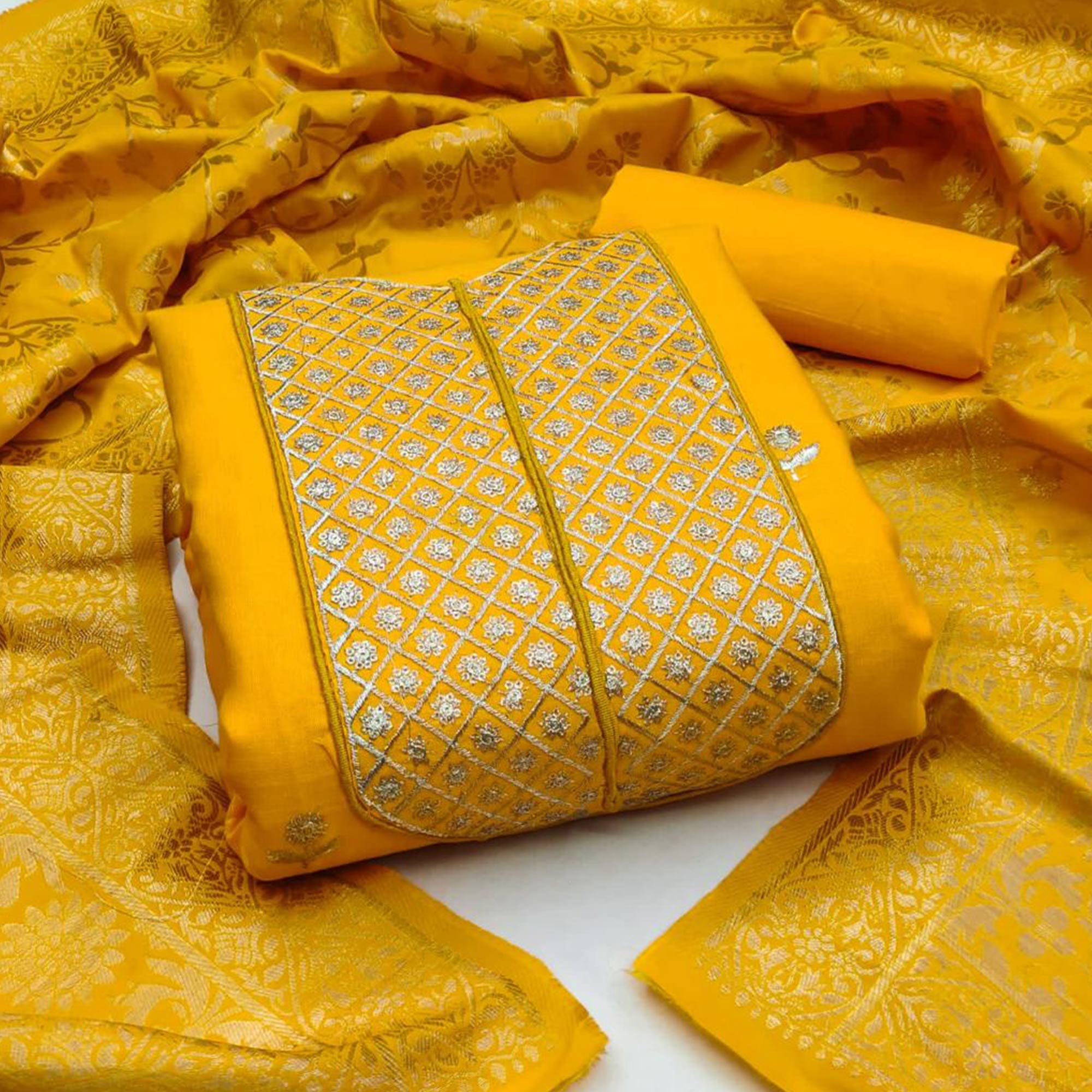 Yellow Floral Embroidered Cotton Blend Dress Material