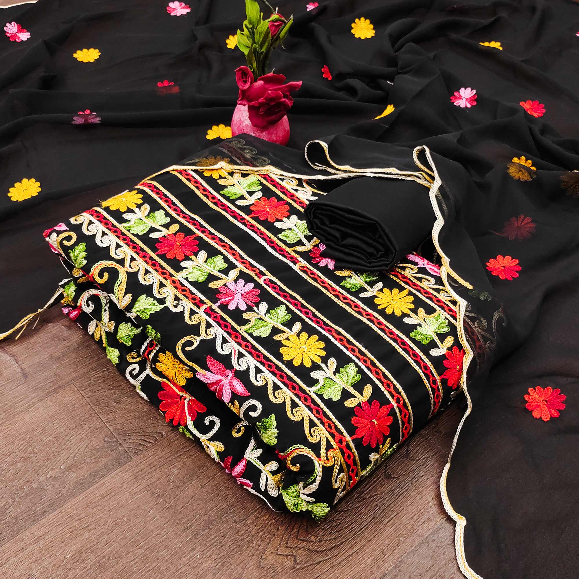 Black Floral Embroidered Georgette Dress Material