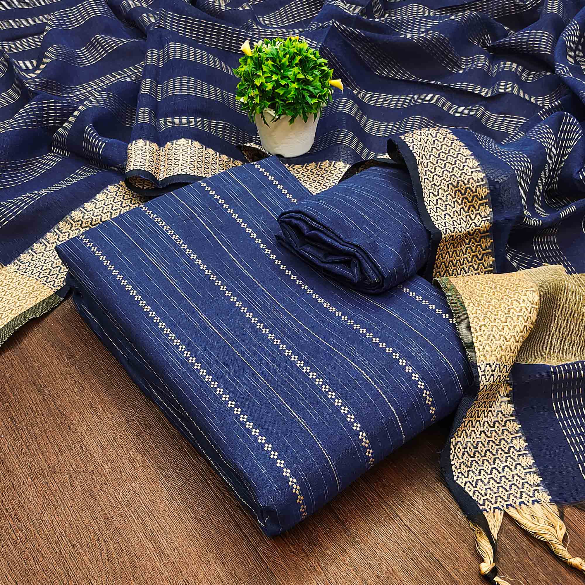 Royal Blue Woven Cotton Blend Dress Material