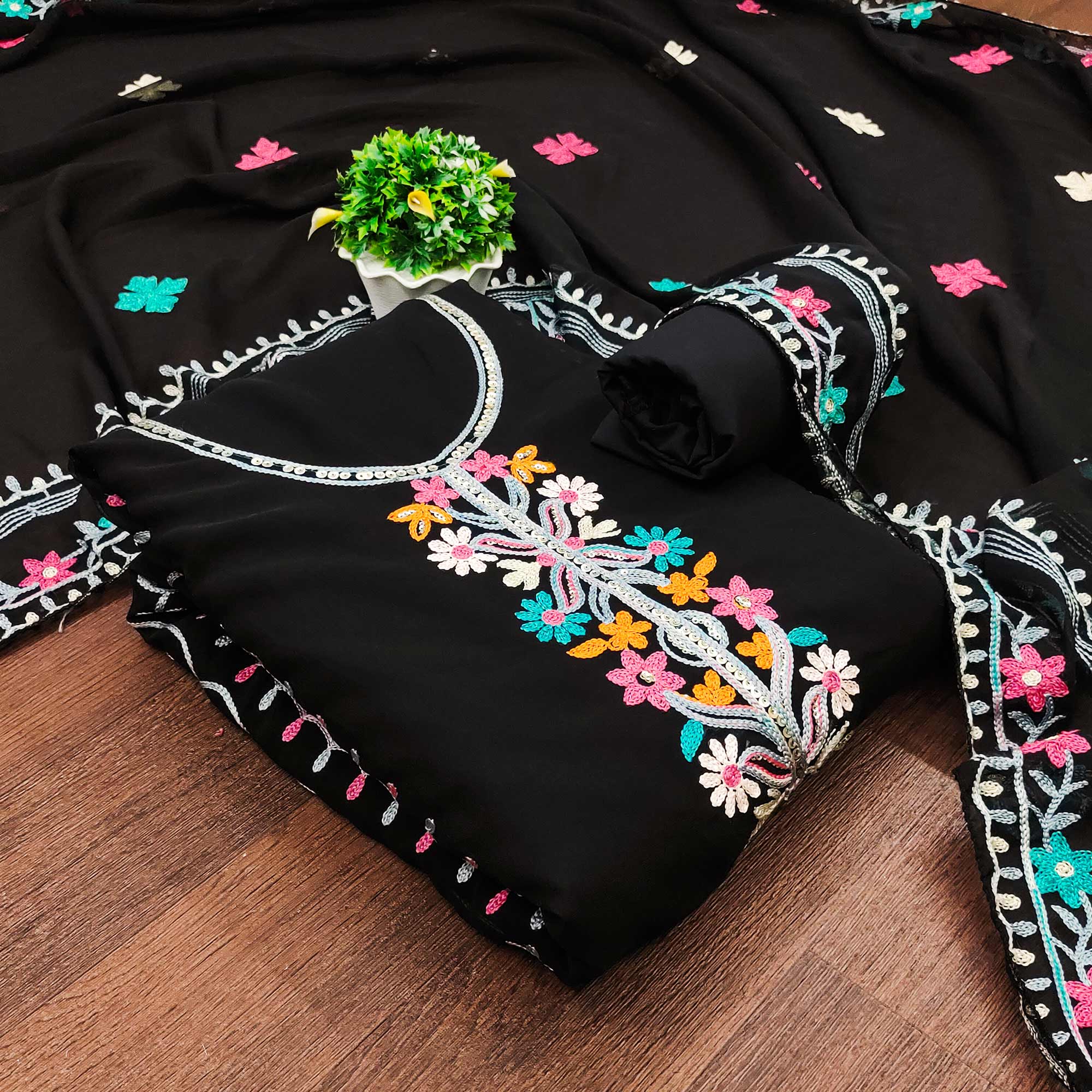 Black Floral Sequins Embroidered Georgette Dress Material